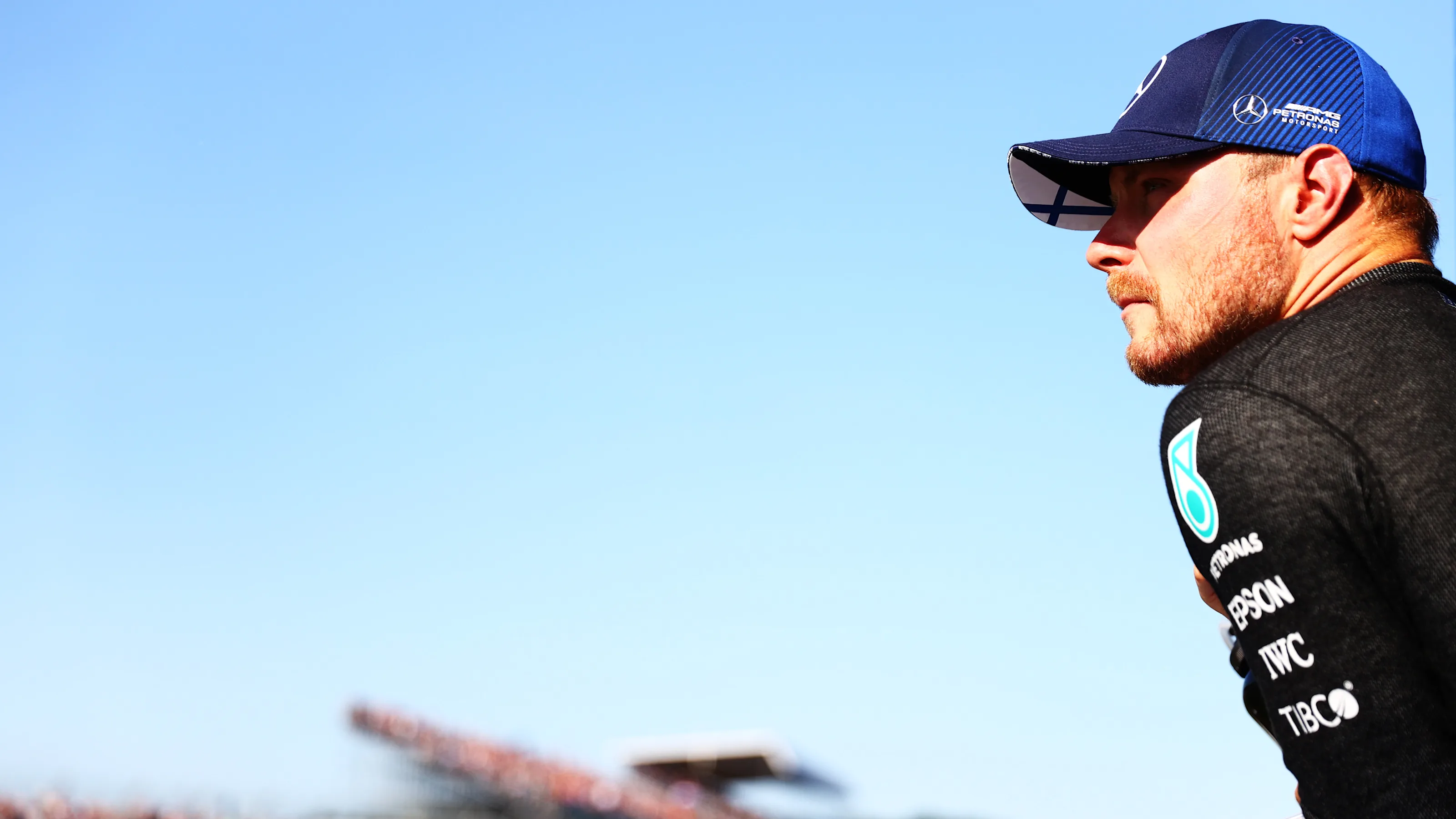 NORTHAMPTON, ENGLAND - JULY 17: Third placed Valtteri Bottas of Finland and Mercedes GP looks on