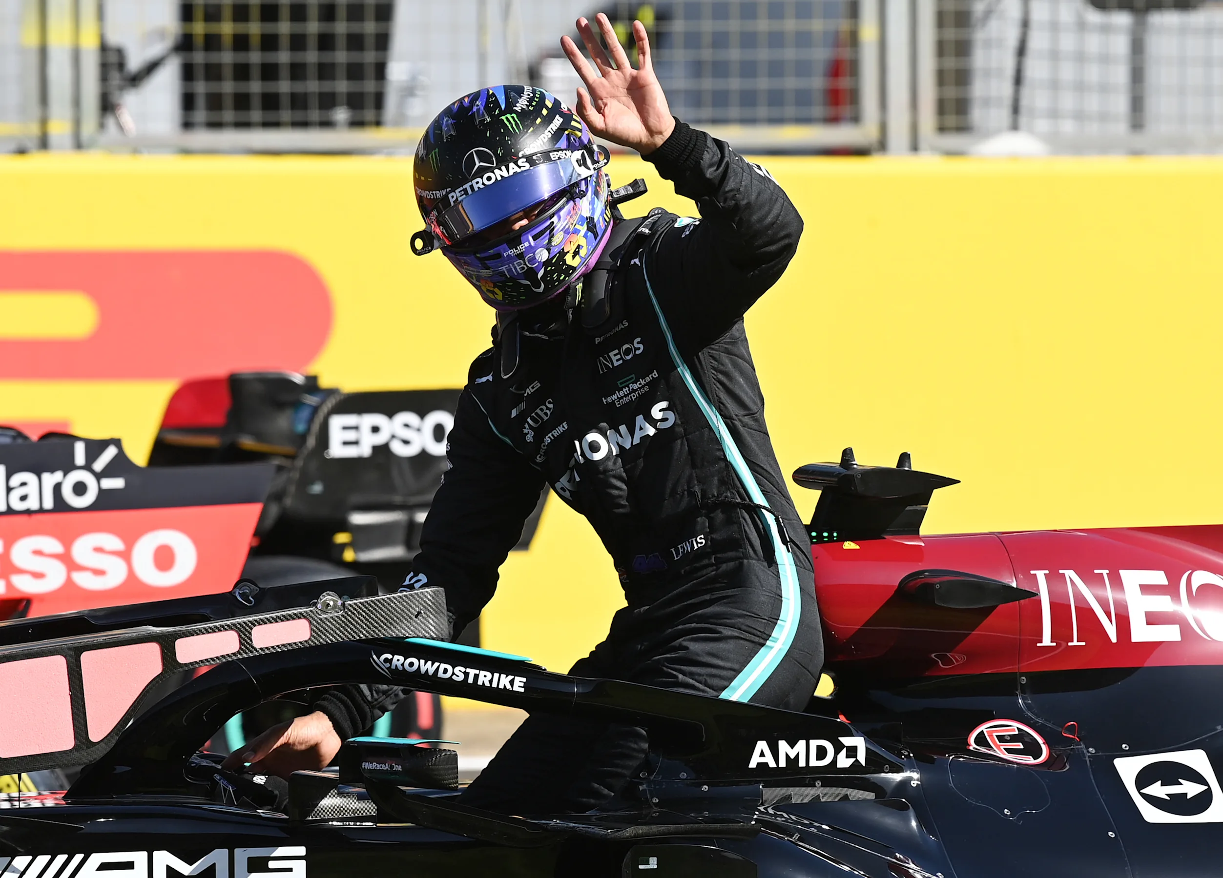 NORTHAMPTON, ENGLAND - JULY 17: Second placed Lewis Hamilton of Great Britain and Mercedes GP