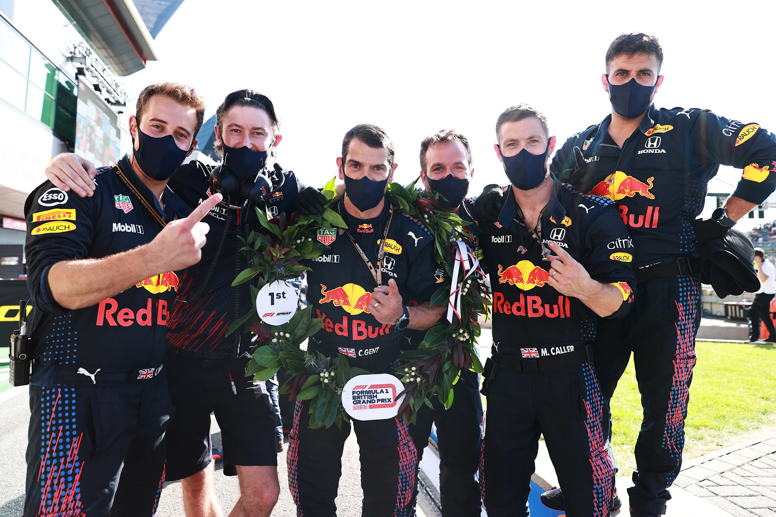 NORTHAMPTON, ENGLAND - JULY 17: The Red Bull Racing team celebrate after the Sprint for the F1