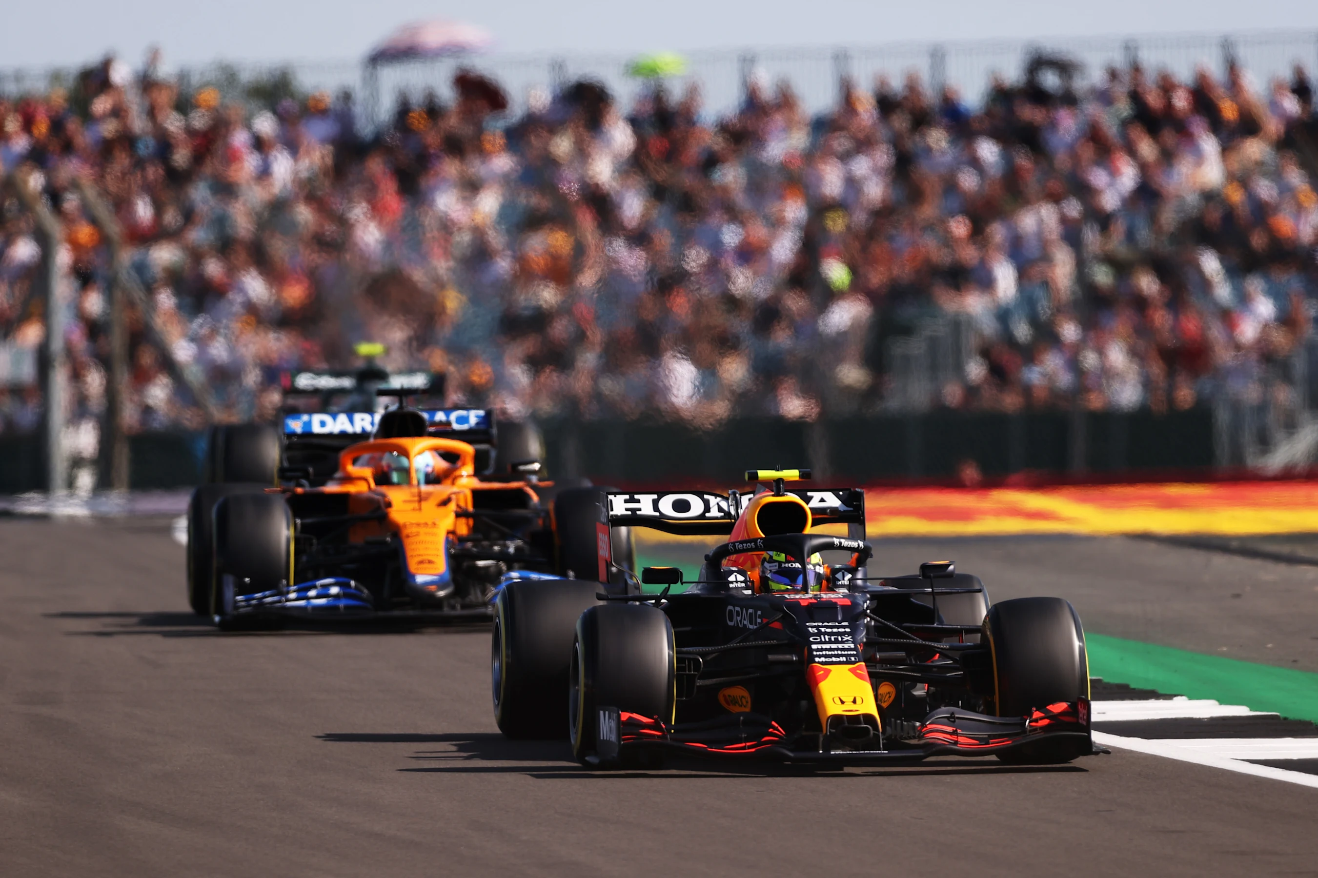 NORTHAMPTON, ENGLAND - JULY 17: Sergio Perez of Mexico driving the (11) Red Bull Racing RB16B Honda