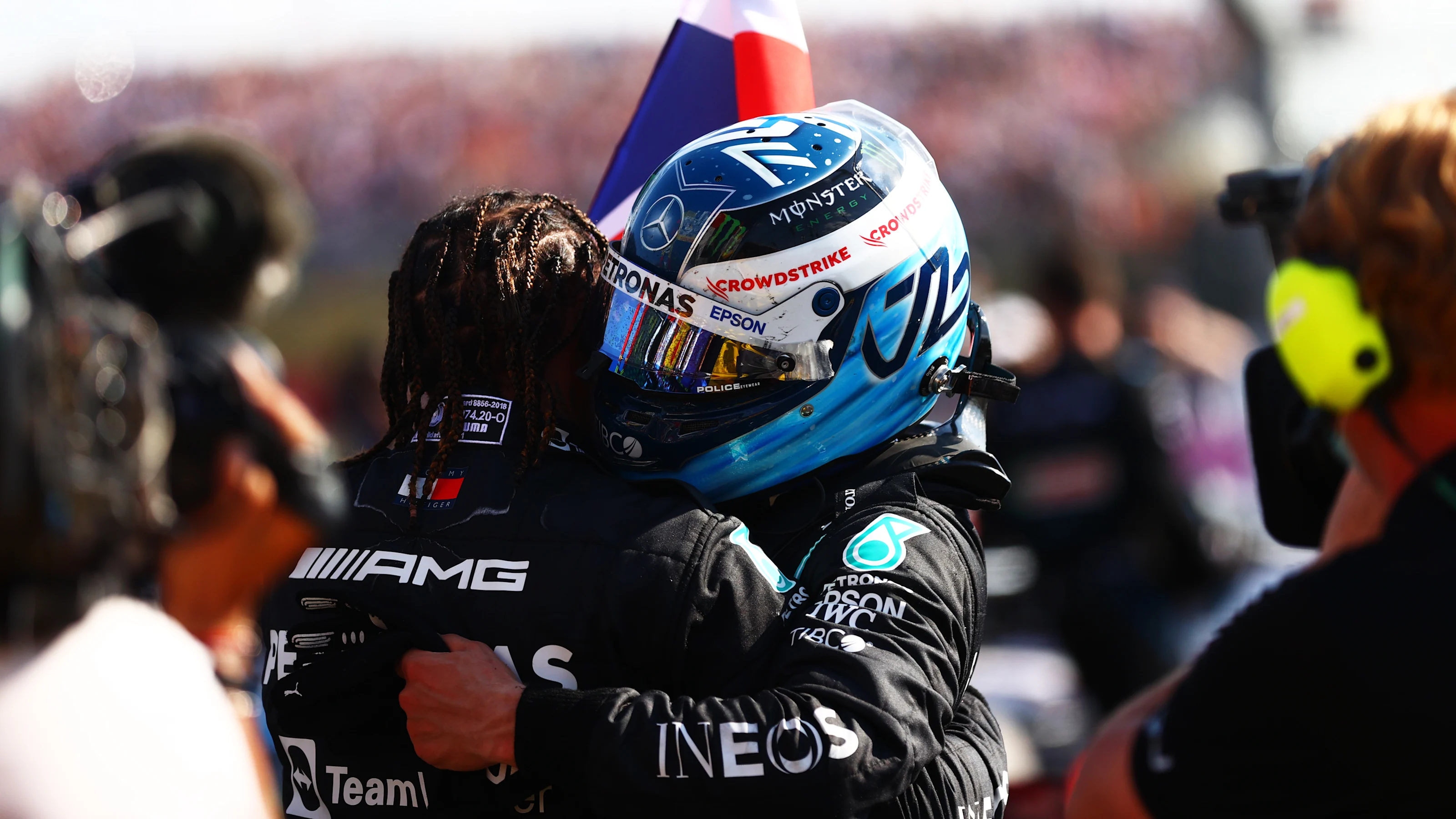 NORTHAMPTON, ENGLAND - JULY 18: Third placed Valtteri Bottas of Finland and Mercedes GP celebrates