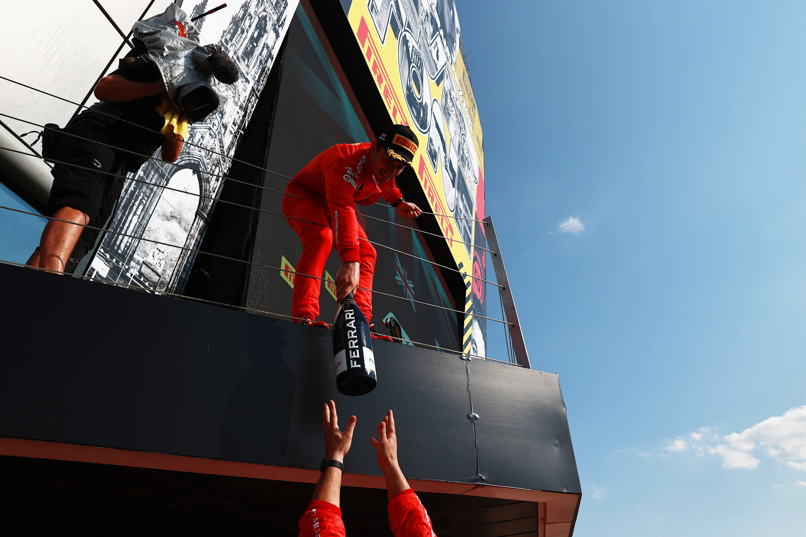 NORTHAMPTON, ENGLAND - JULY 18: Second placed Charles Leclerc of Monaco and Ferrari celebrates on