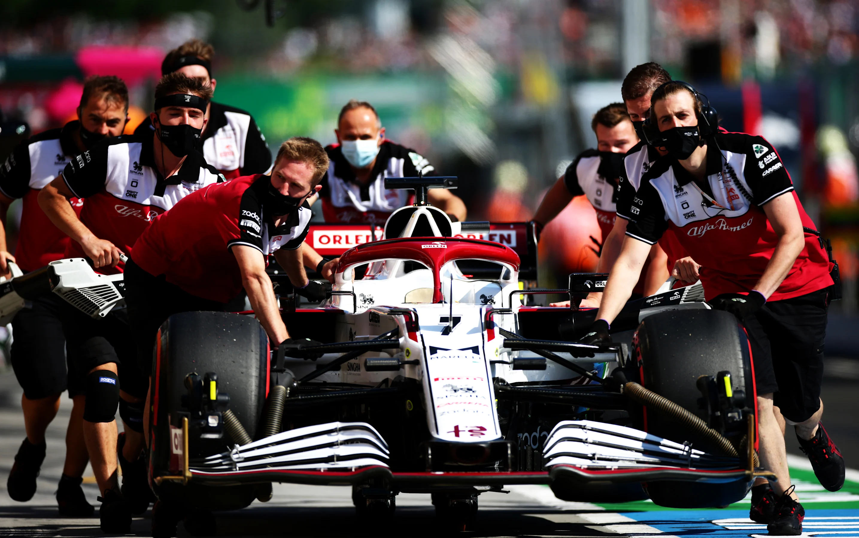BUDAPEST, HUNGARY - JULY 31: The car of Kimi Raikkonen of Finland and Alfa Romeo Racing is pushed