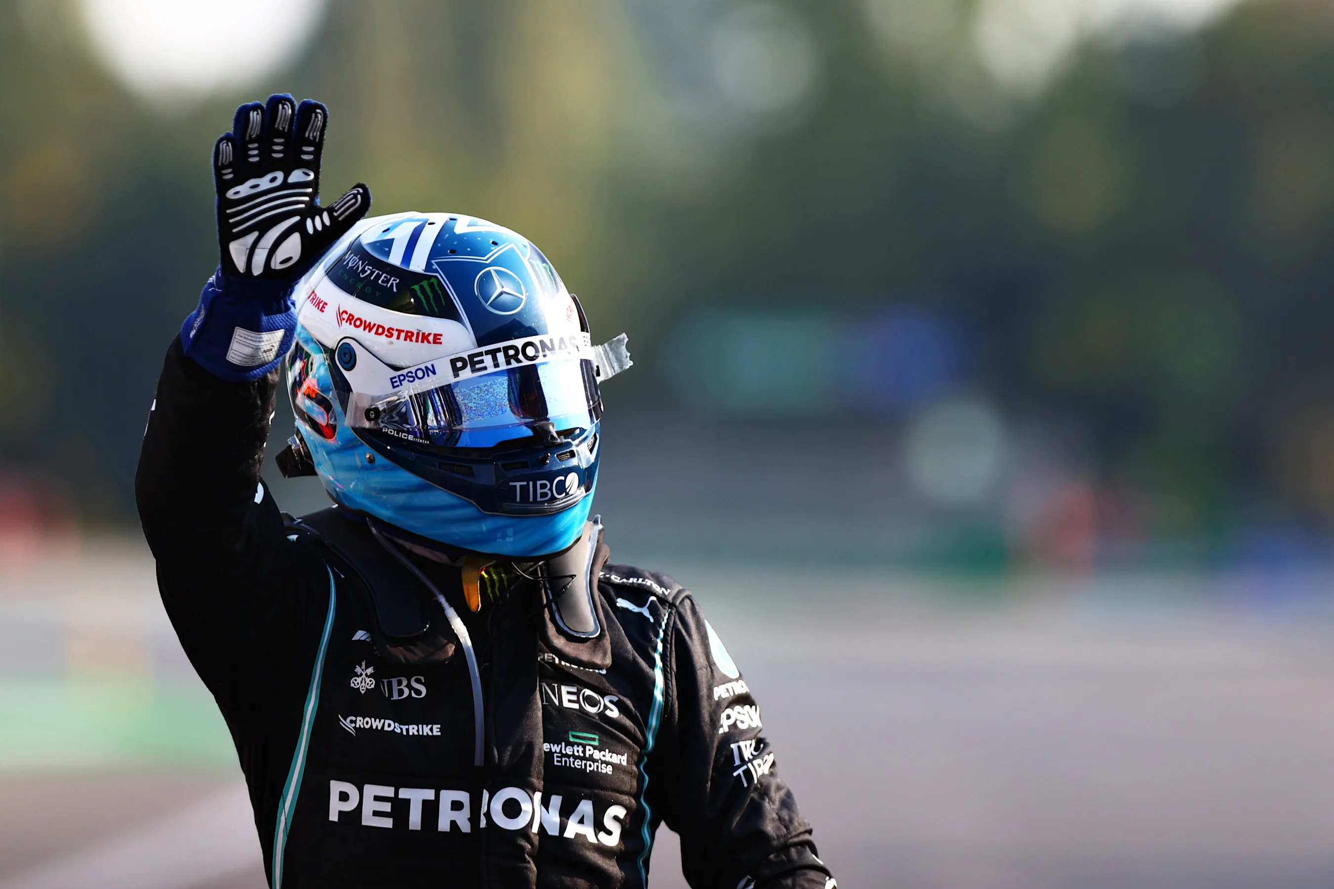 MONZA, ITALY - SEPTEMBER 11: Winner Valtteri Bottas of Finland and Mercedes GP celebrates in parc