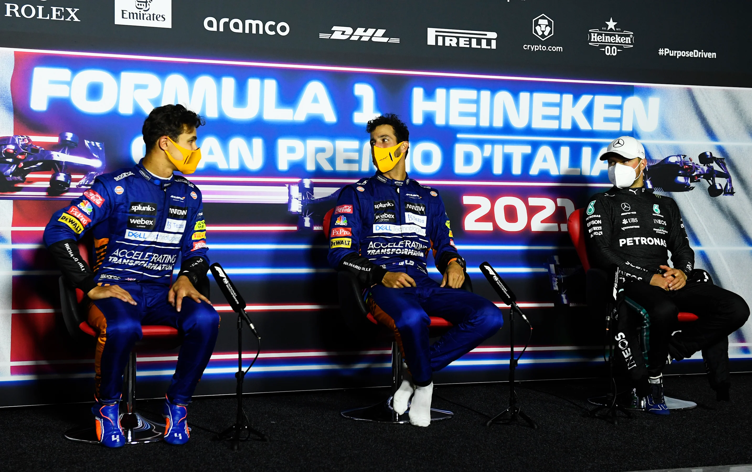 MONZA, ITALY - SEPTEMBER 12: Race winner Daniel Ricciardo of Australia and McLaren F1, second
