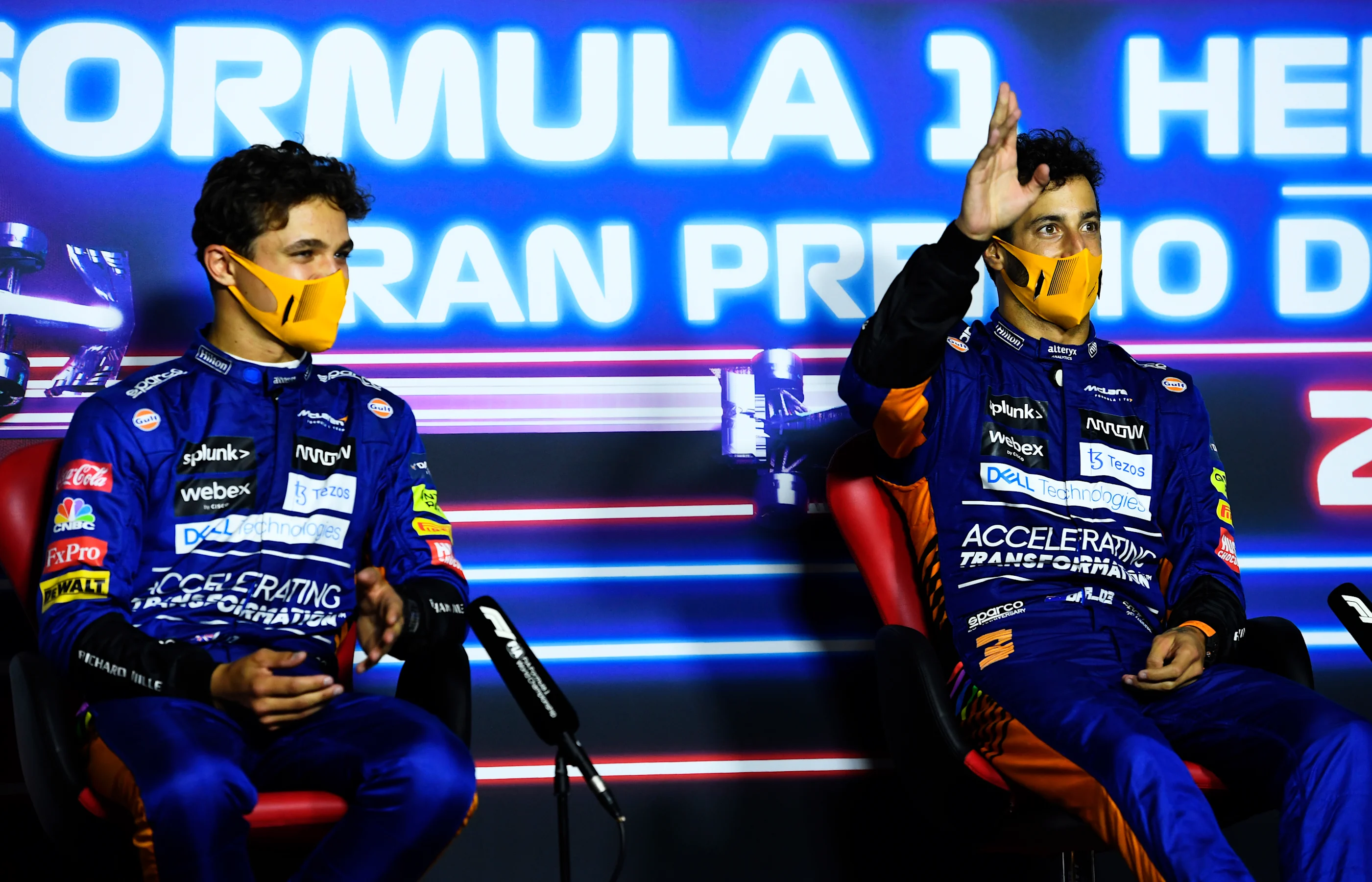 MONZA, ITALY - SEPTEMBER 12: Race winner Daniel Ricciardo of Australia and McLaren F1 and second
