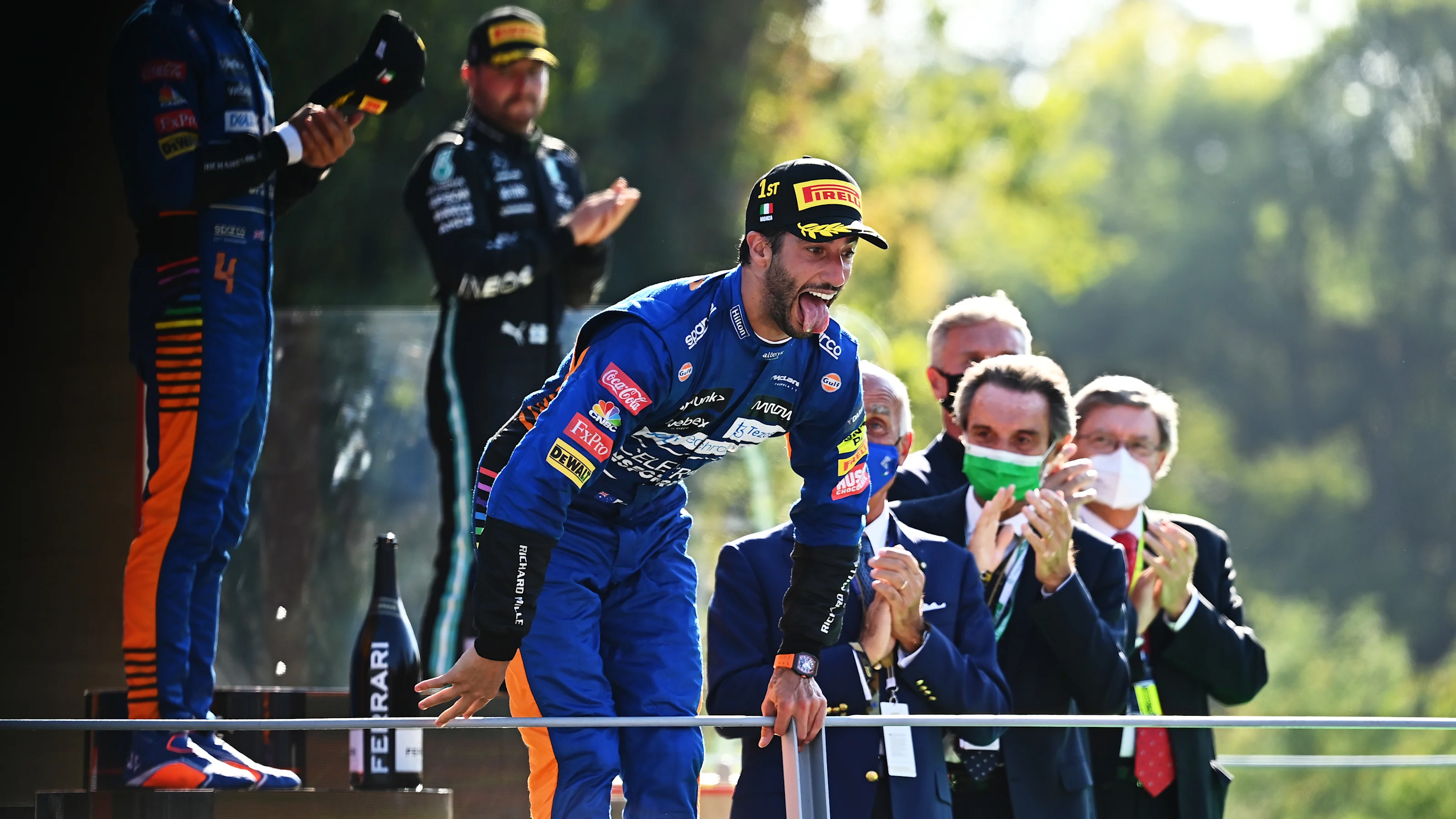MONZA, ITALY - SEPTEMBER 12: Race winner Daniel Ricciardo of Australia and McLaren F1 celebrates on