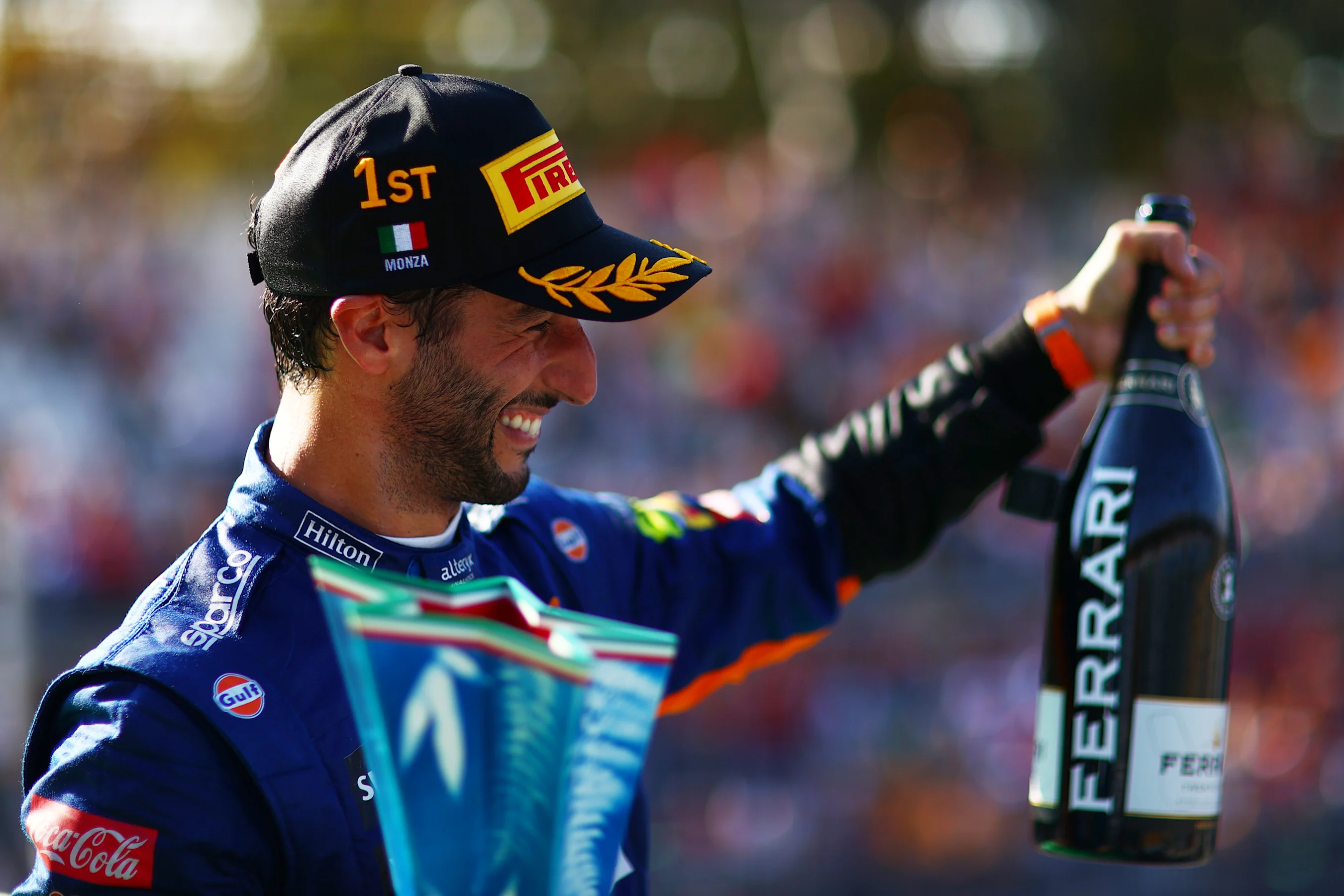 MONZA, ITALY - SEPTEMBER 12: Race winner Daniel Ricciardo of Australia and McLaren F1 celebrates on