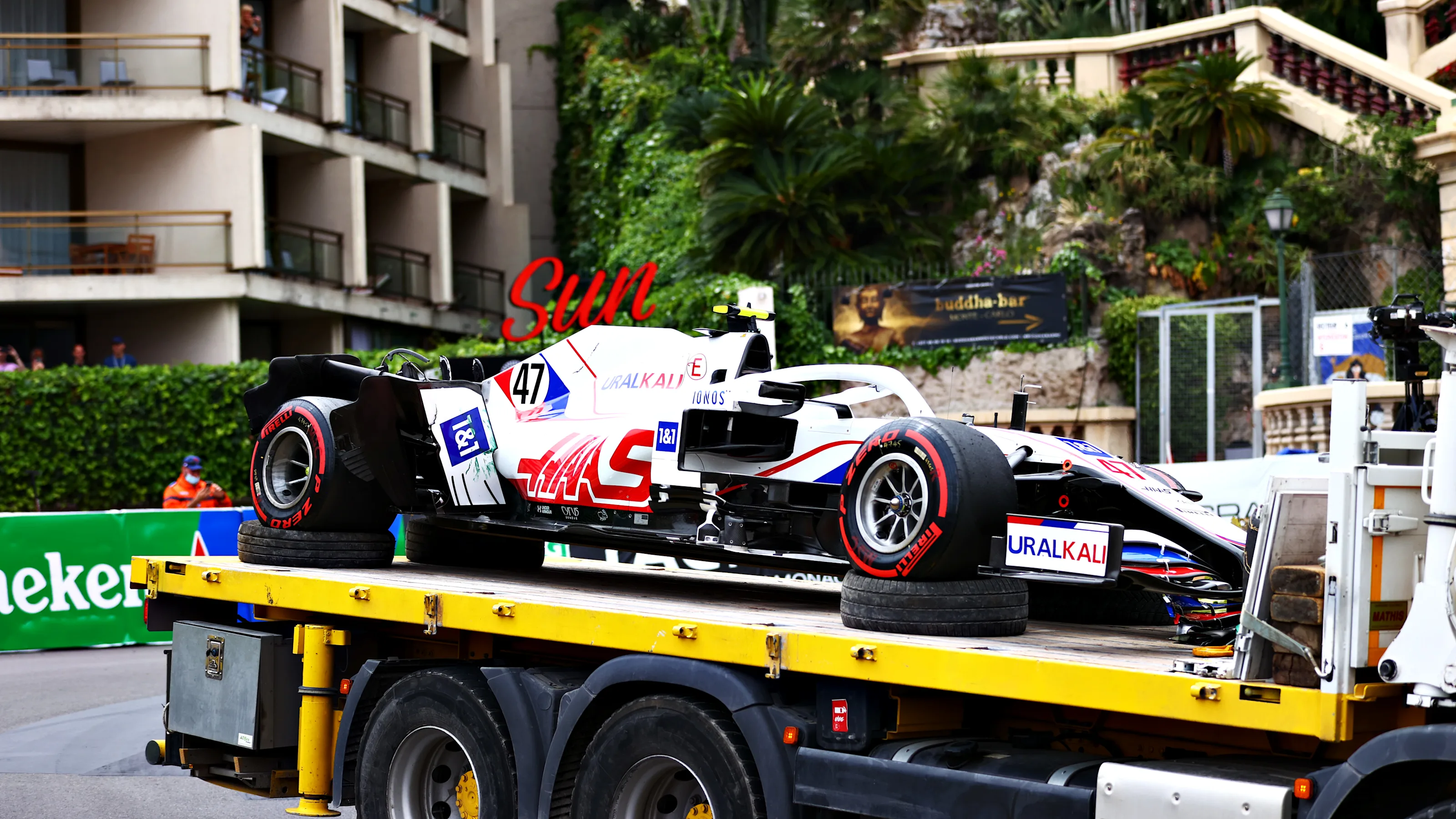MONTE-CARLO, MONACO - MAY 22: The broken car of Mick Schumacher of Germany and Haas F1 is returned