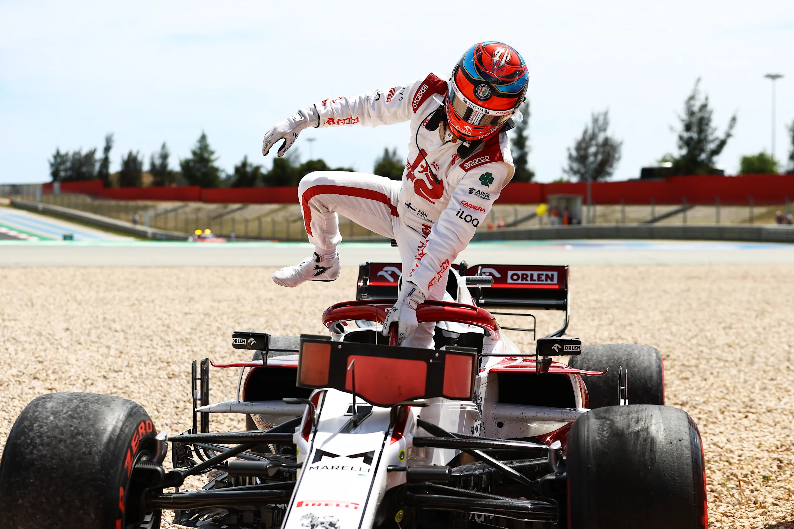 PORTIMAO, PORTUGAL - MAY 02: Kimi Raikkonen of Finland and Alfa Romeo Racing climbs out of his car