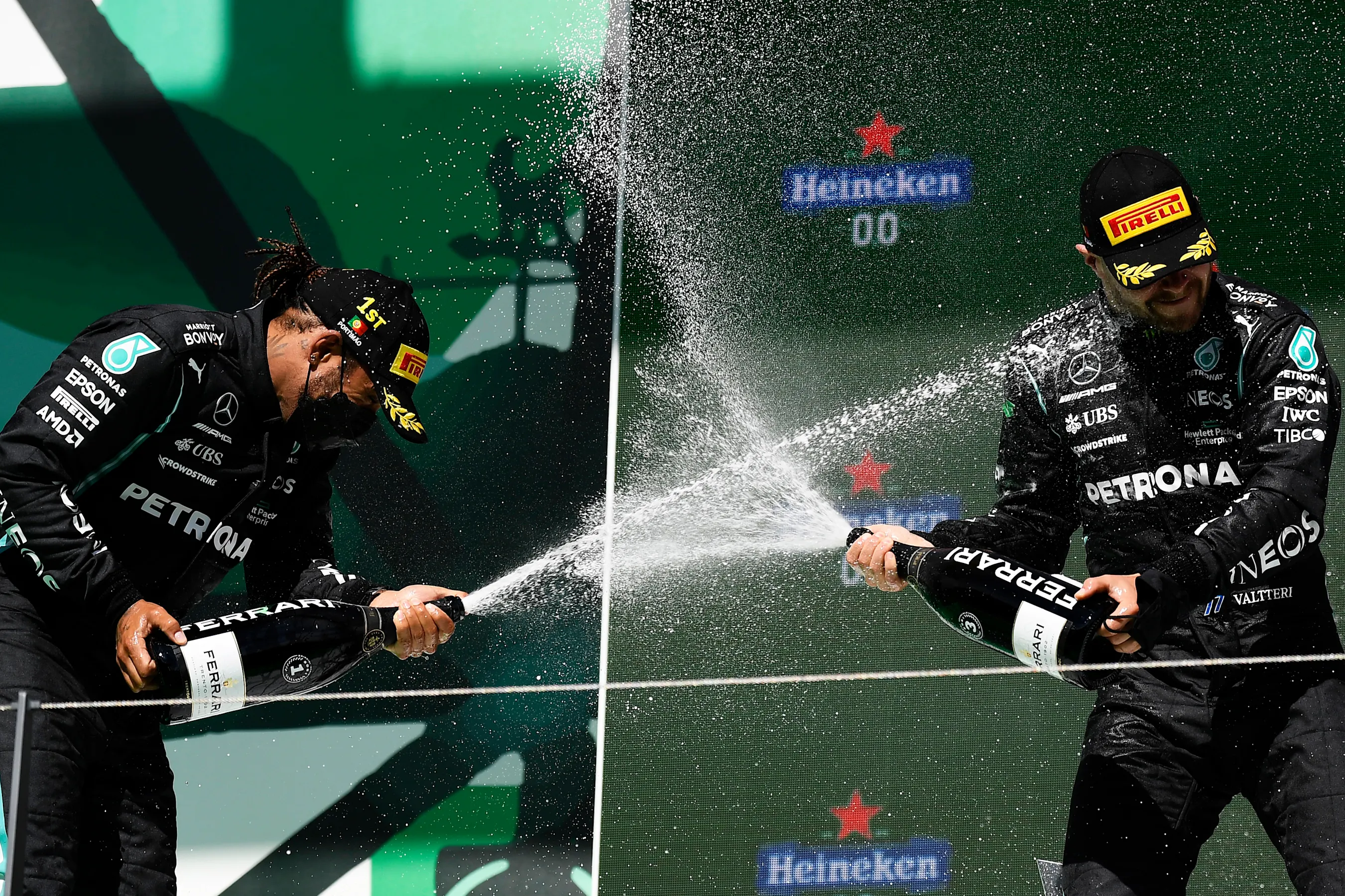 PORTIMAO, PORTUGAL - MAY 02: Race winner Lewis Hamilton of Great Britain and Mercedes GP and third