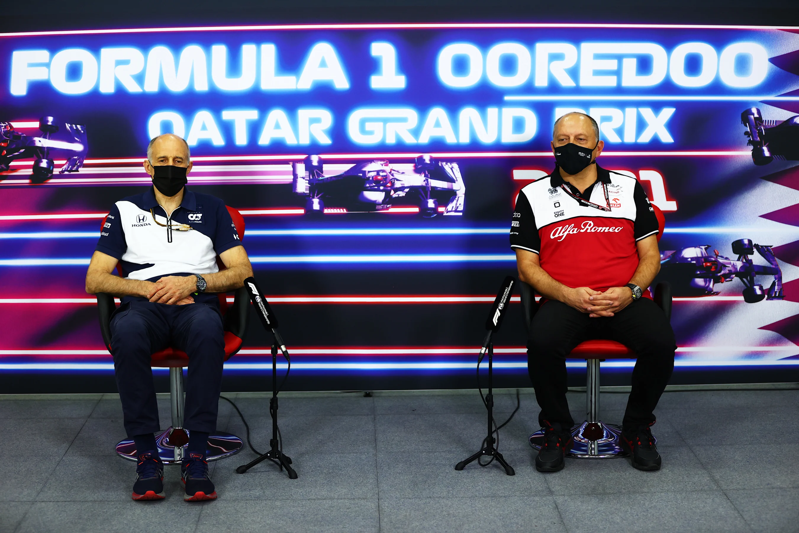 DOHA, QATAR - NOVEMBER 19: Scuderia AlphaTauri Team Principal Franz Tost and Alfa Romeo Racing Team