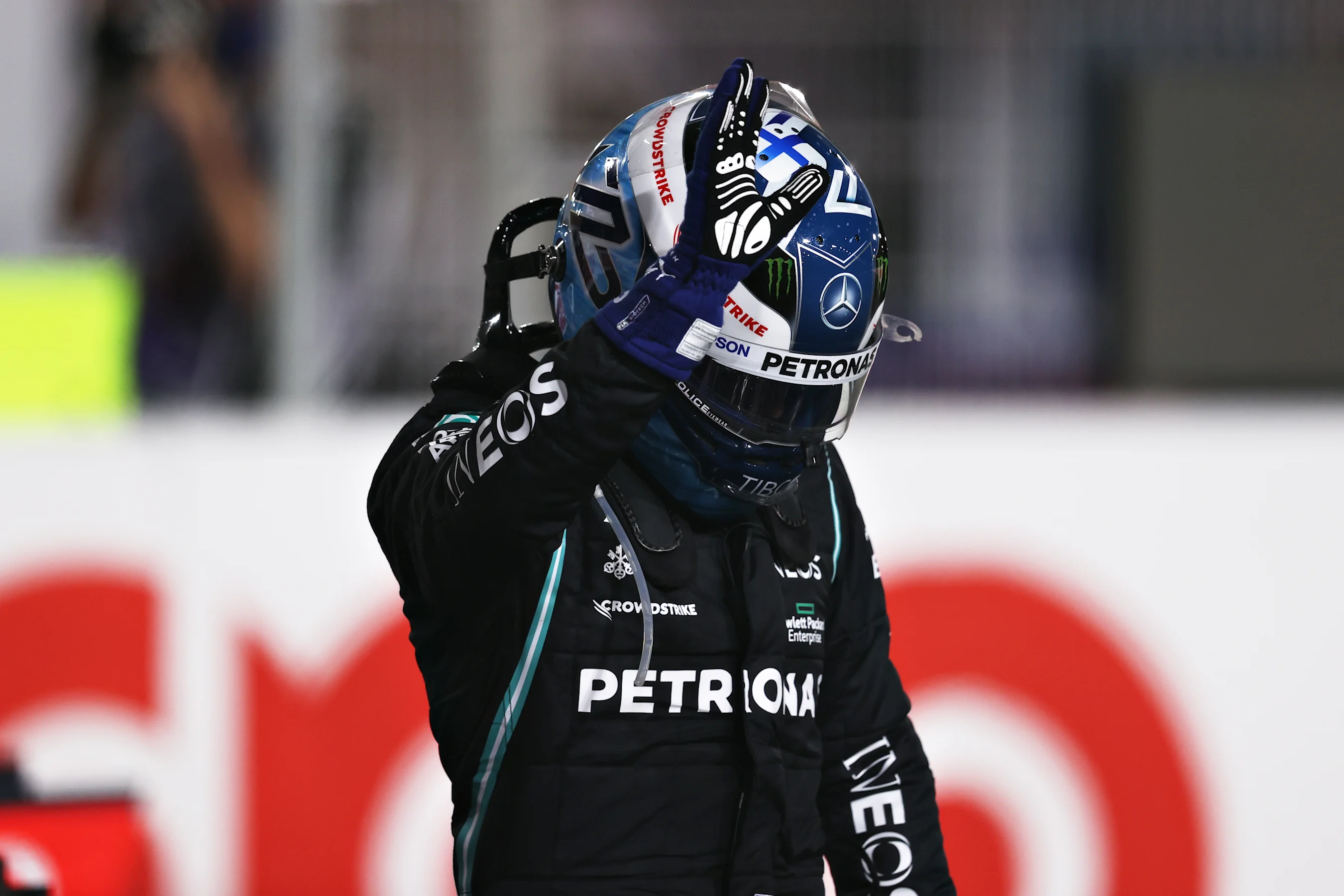 DOHA, QATAR - NOVEMBER 20: Third placed Valtteri Bottas of Finland and Mercedes GP celebrates in