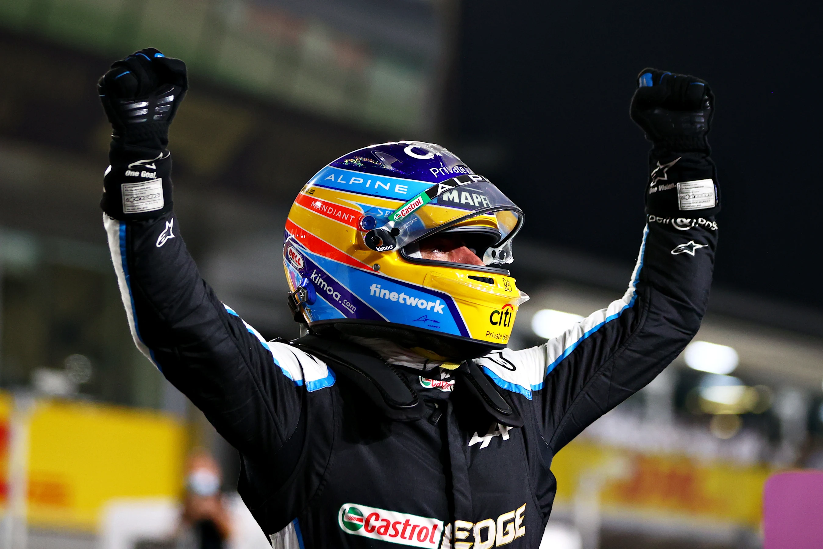 DOHA, QATAR - NOVEMBER 21: Third placed Fernando Alonso of Spain and Alpine F1 Team celebrates in