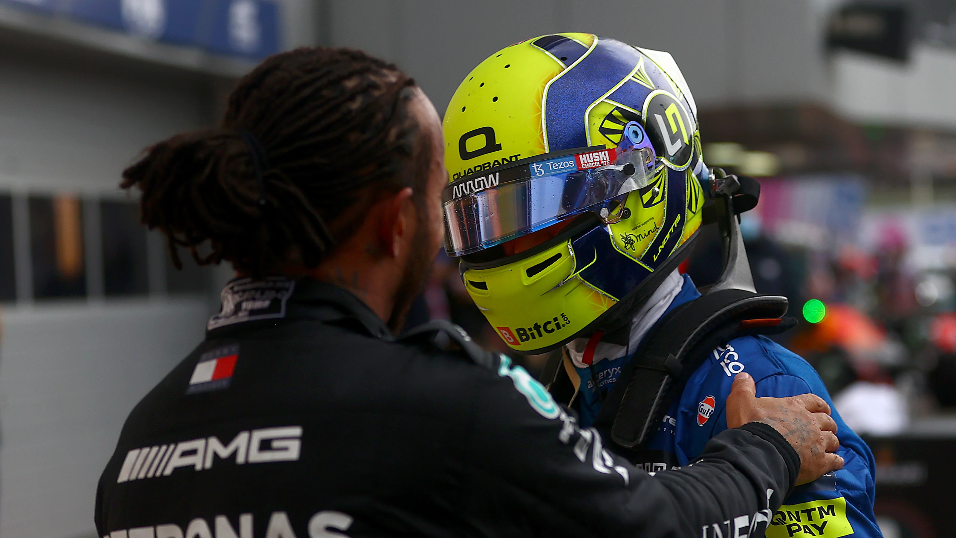 SOCHI, RUSSIA - SEPTEMBER 26: Race winner Lewis Hamilton of Great Britain and Mercedes GP hugs