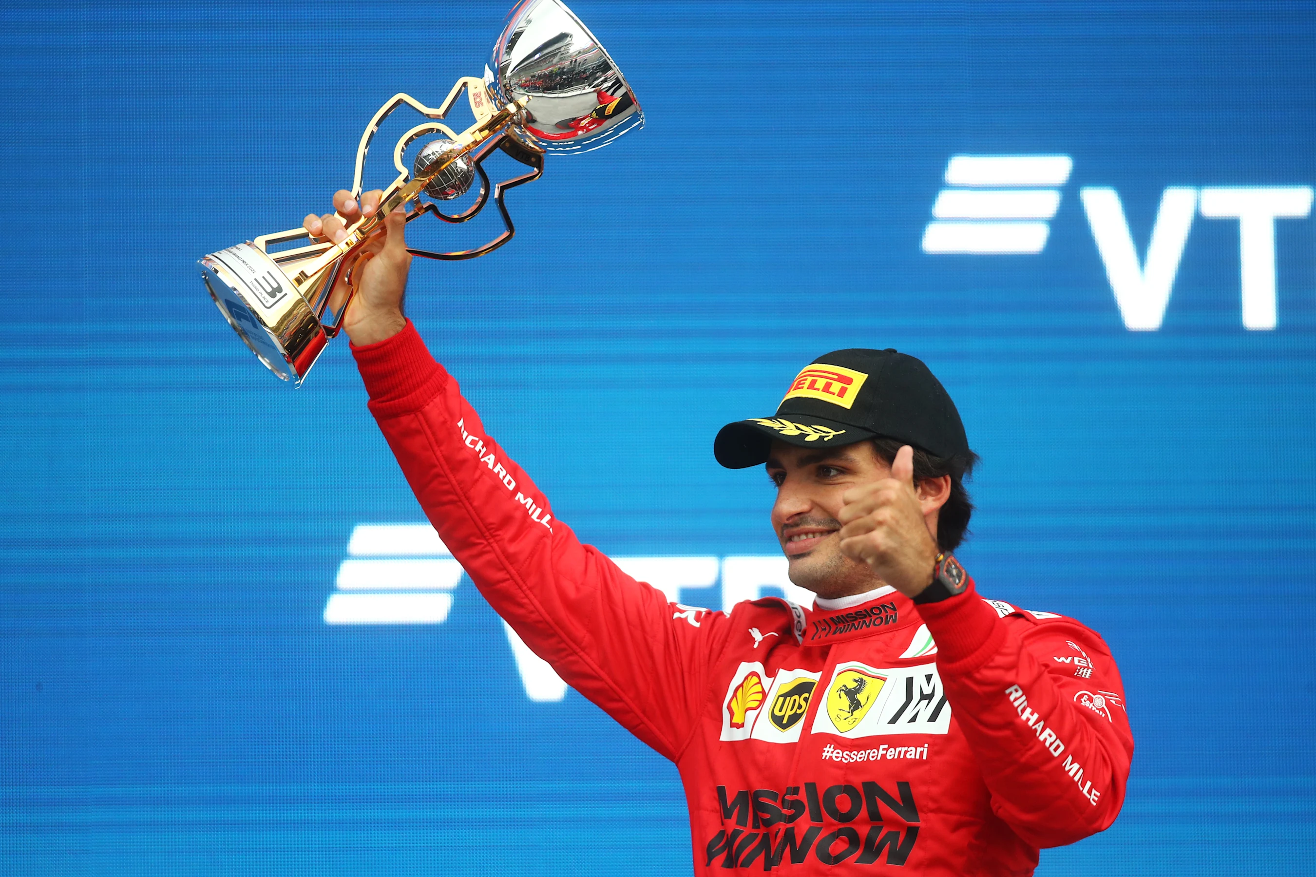 SOCHI, RUSSIA - SEPTEMBER 26: Third placed Carlos Sainz of Spain and Ferrari celebrates on the