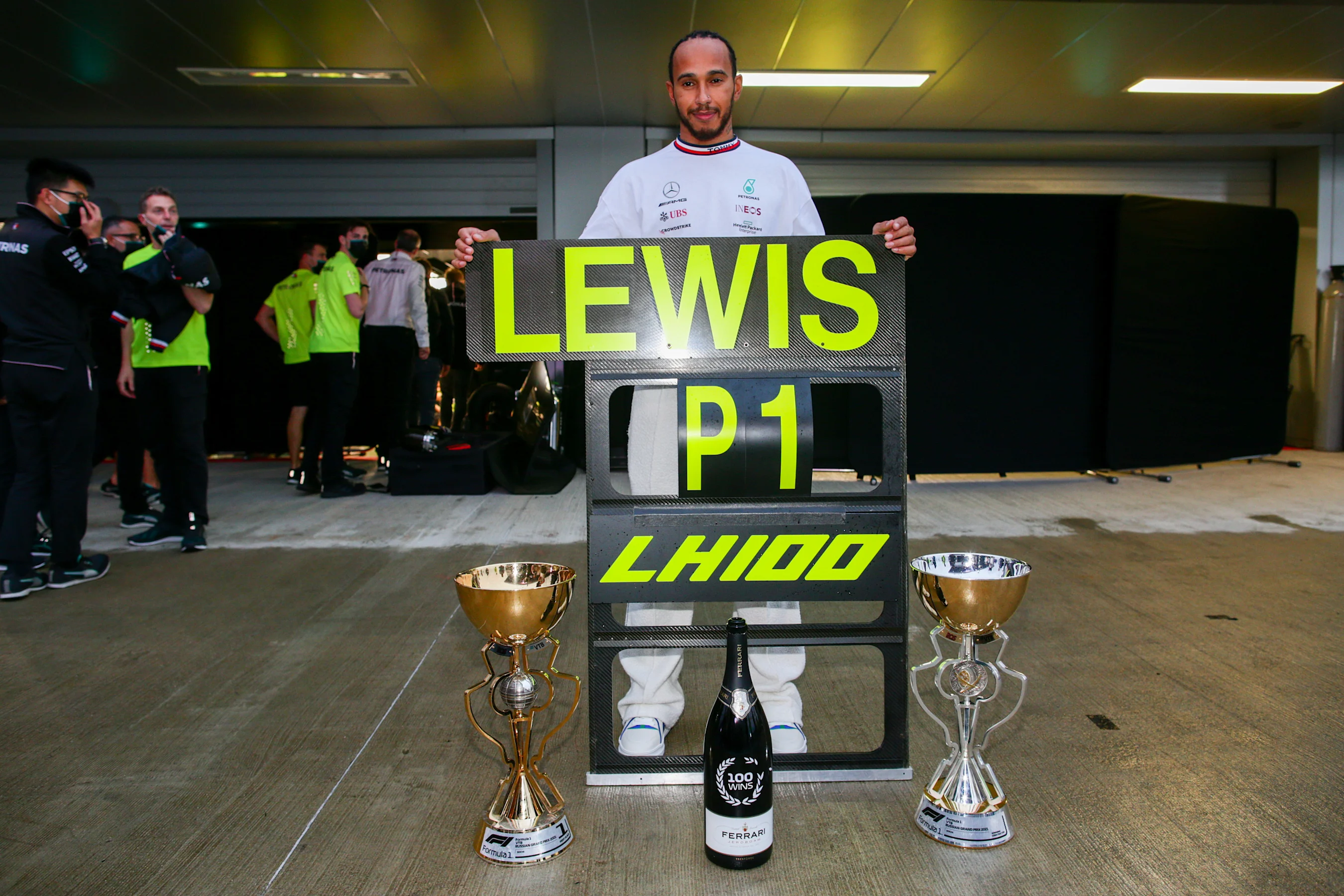 SOCHI, RUSSIA - SEPTEMBER 26: Lewis Hamilton of Mercedes and Great Britain celebrates winning his