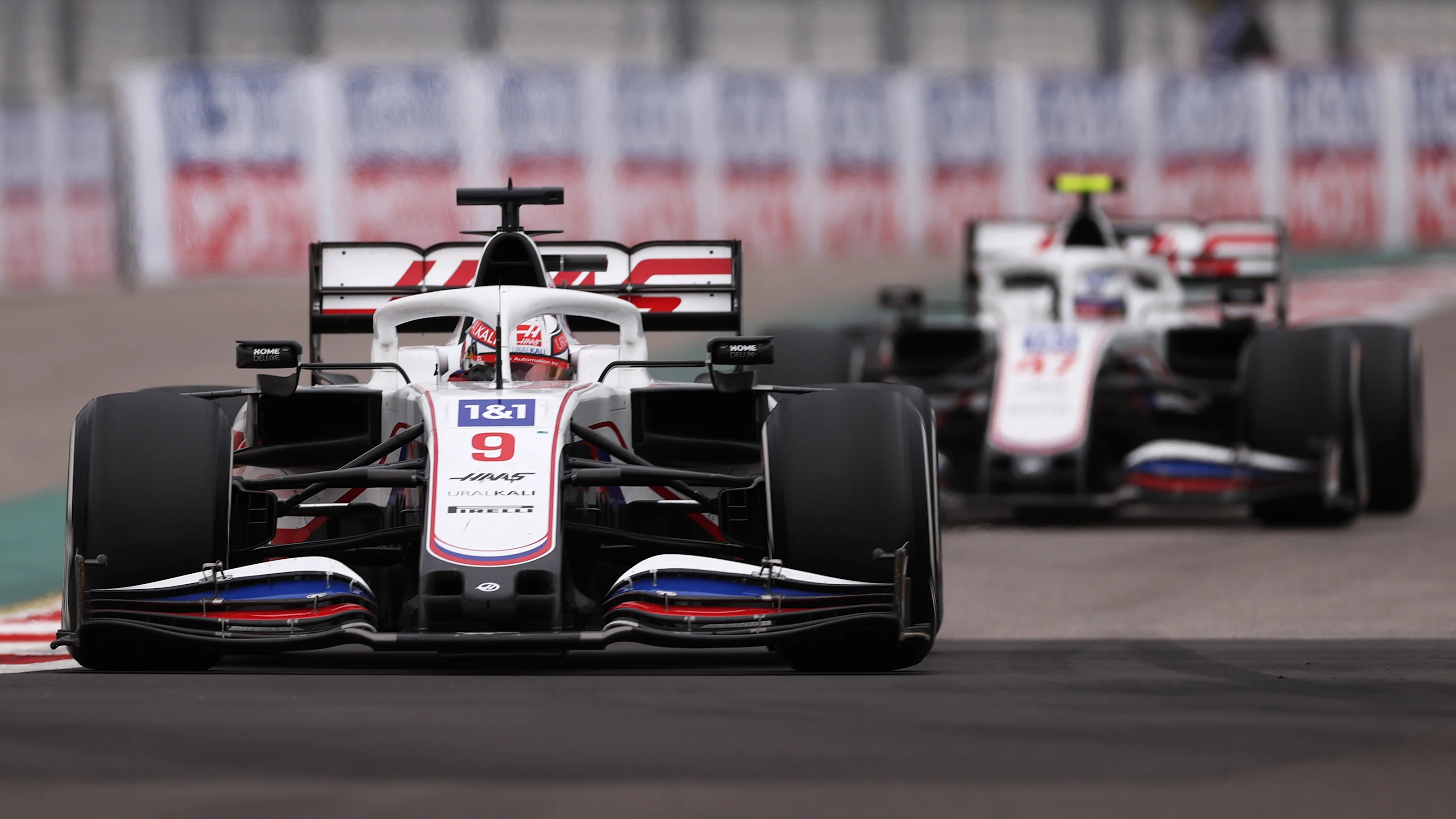 SOCHI, RUSSIA - SEPTEMBER 26: Nikita Mazepin of Russia driving the (9) Haas F1 Team VF-21 Ferrari
