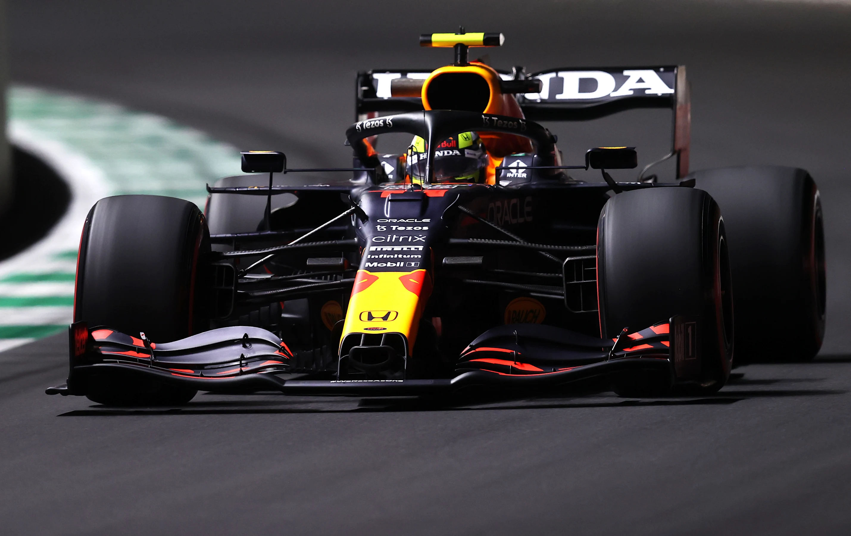 JEDDAH, SAUDI ARABIA - DECEMBER 03:Sergio Perez of Mexico driving the (11) Red Bull Racing RB16B