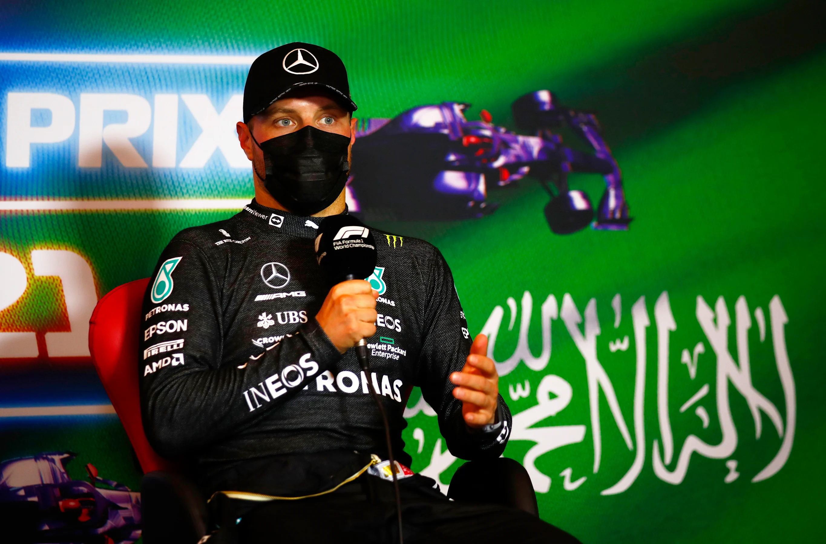JEDDAH, SAUDI ARABIA - DECEMBER 05: Third placed Valtteri Bottas of Finland and Mercedes GP talks