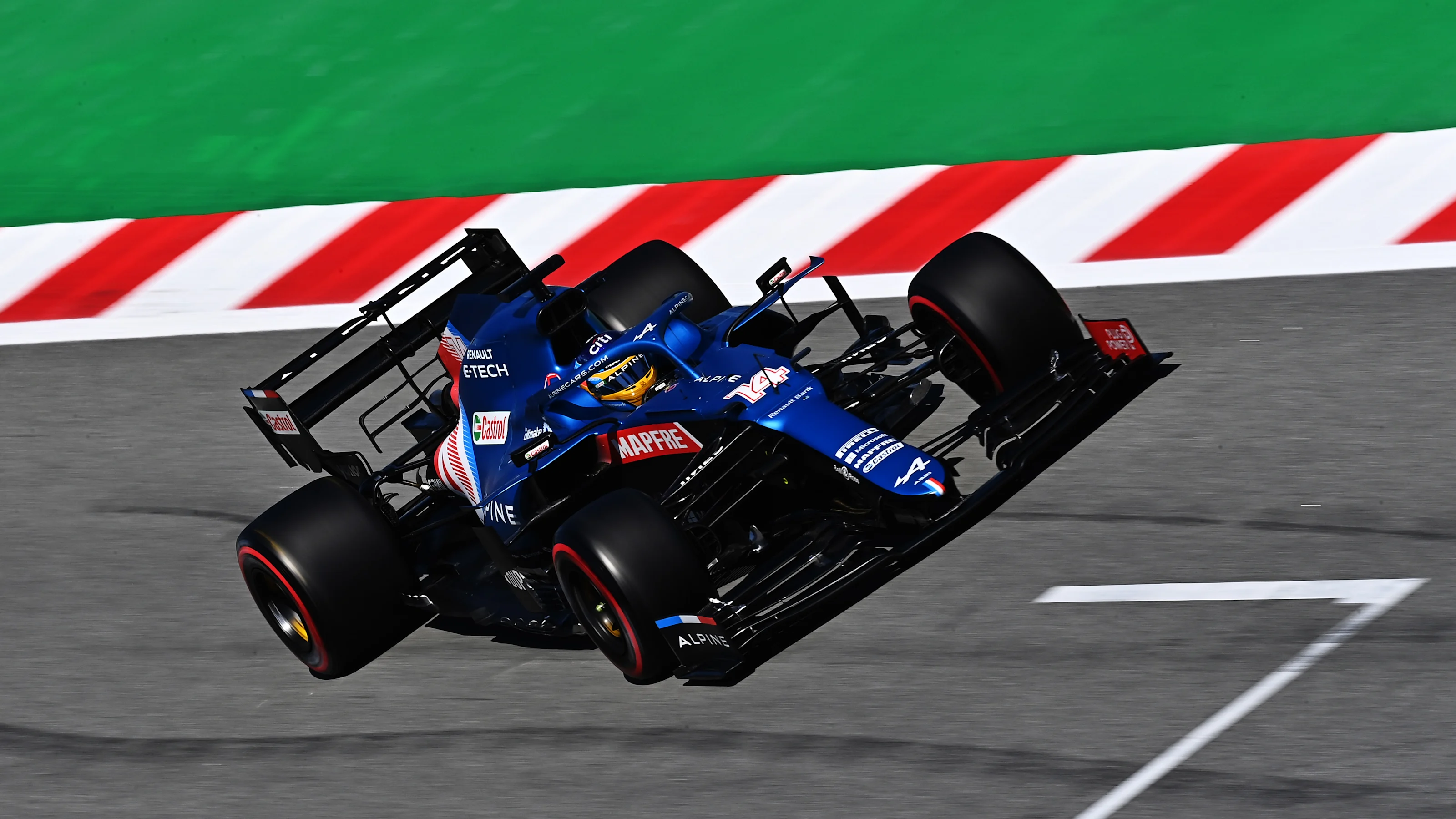 BARCELONA, SPAIN - MAY 08: Fernando Alonso of Spain driving the (14) Alpine A521 Renault on track