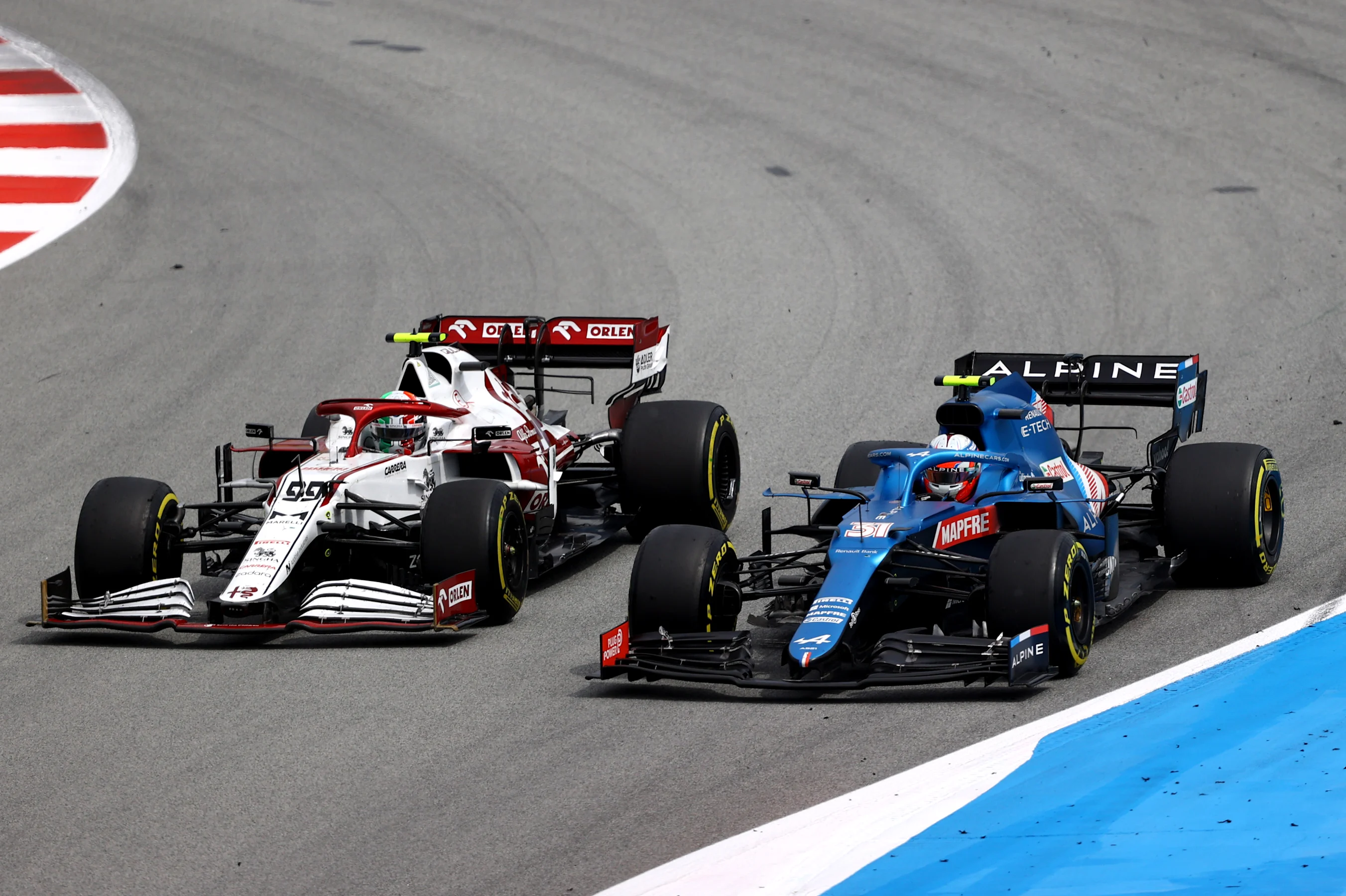 BARCELONA, SPAIN - MAY 09: Esteban Ocon of France driving the (31) Alpine A521 Renault and Antonio
