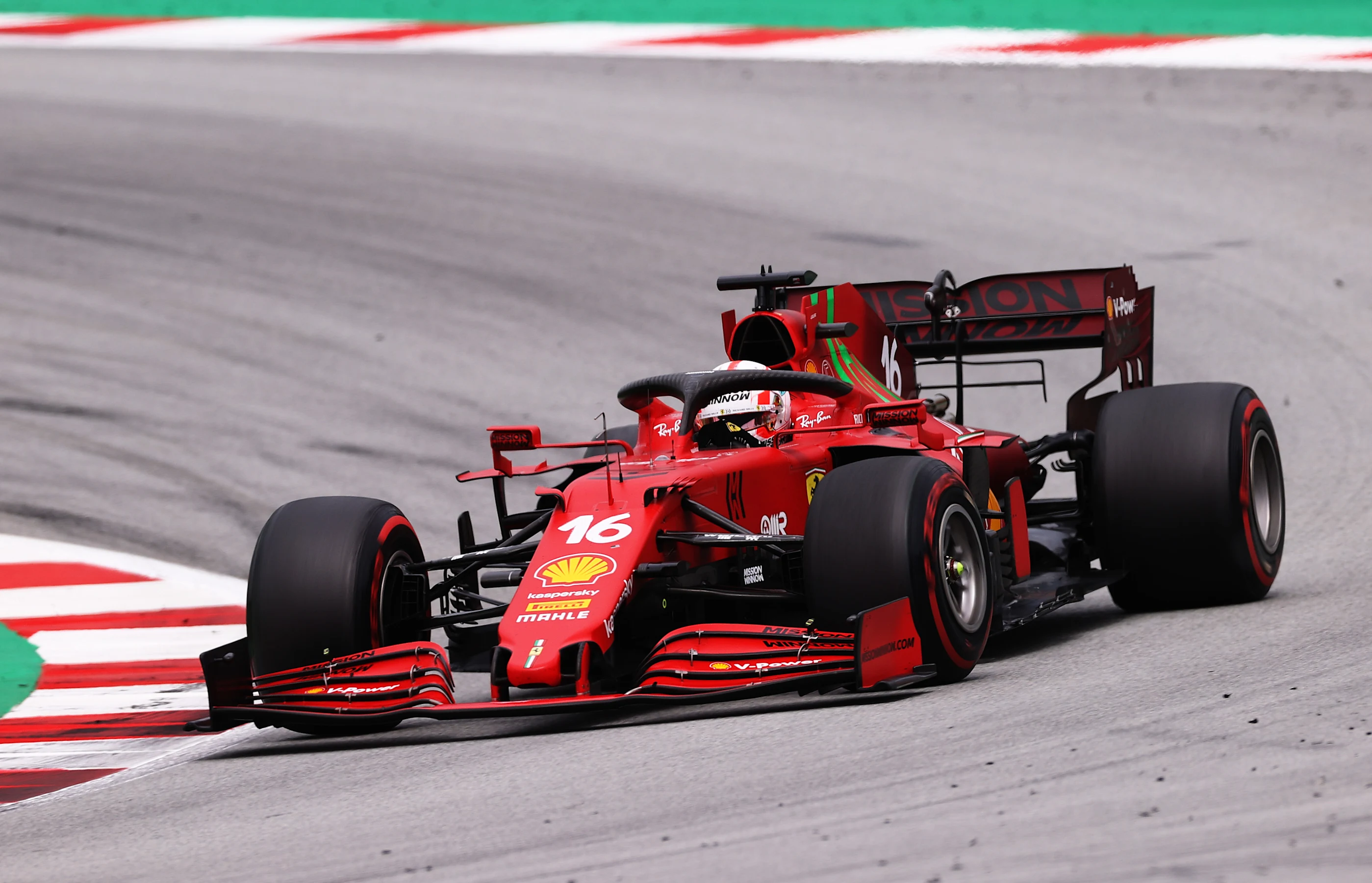 BARCELONA, SPAIN - MAY 09: Charles Leclerc of Monaco driving the (16) Scuderia Ferrari SF21 on