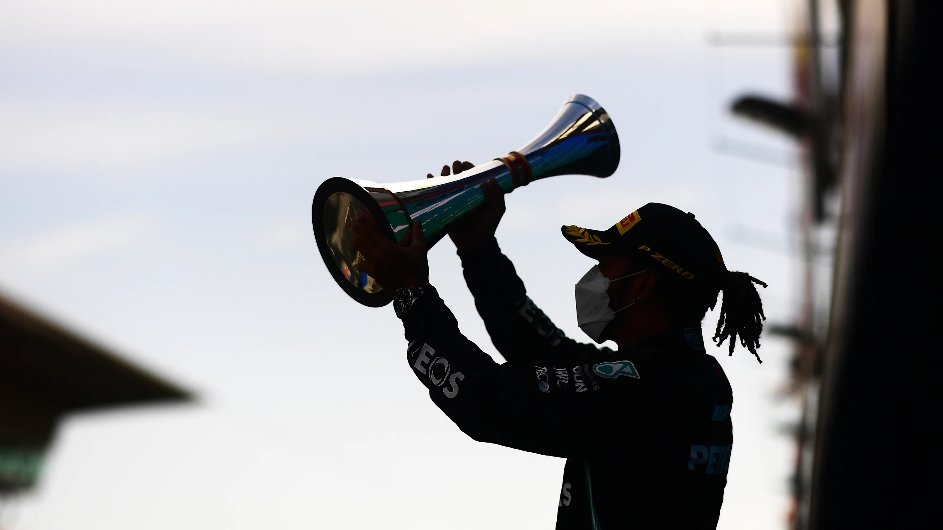 BARCELONA, SPAIN - MAY 09: Race winner Lewis Hamilton of Great Britain and Mercedes GP celebrates
