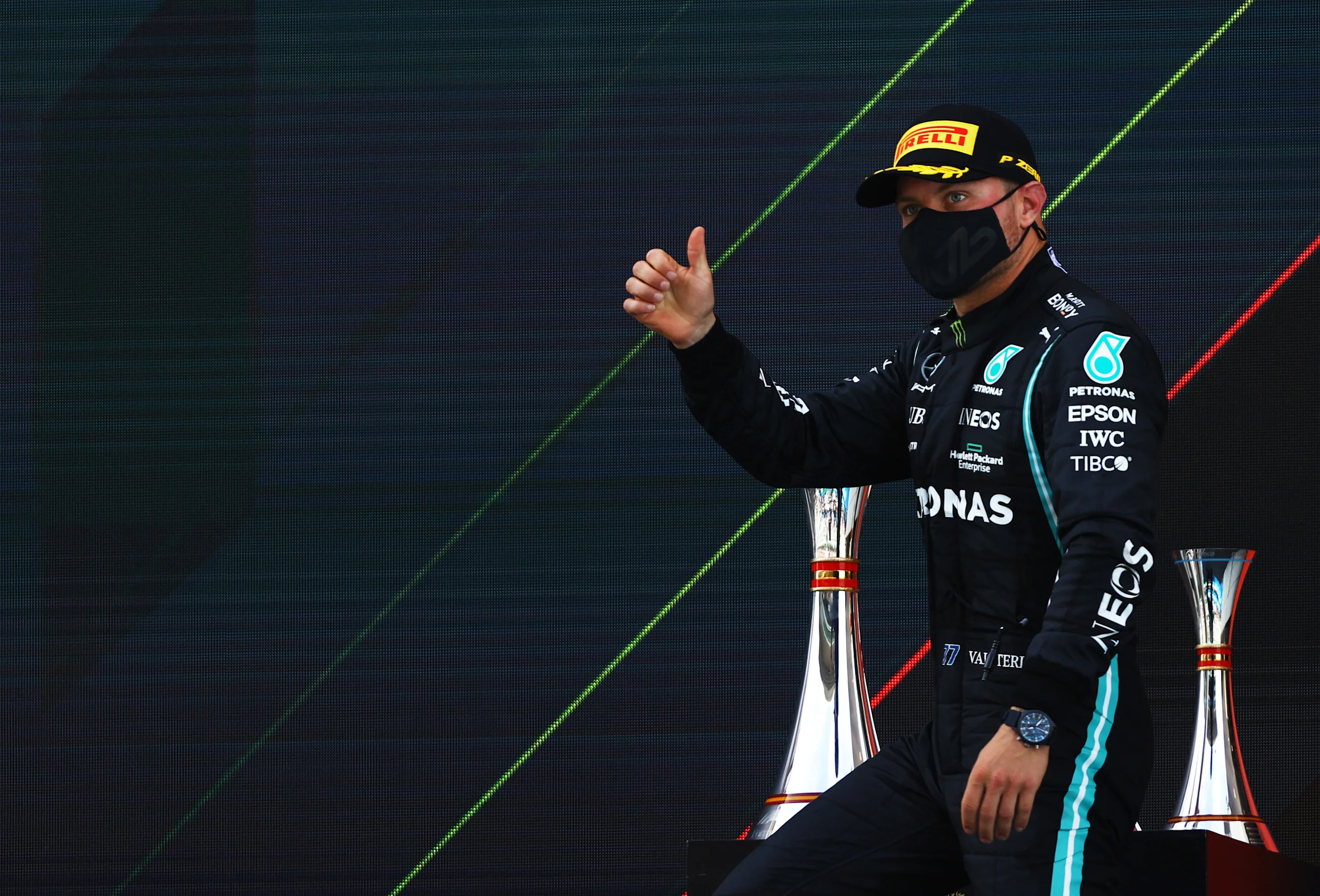 BARCELONA, SPAIN - MAY 09: Third placed Valtteri Bottas of Finland and Mercedes GP celebrates on