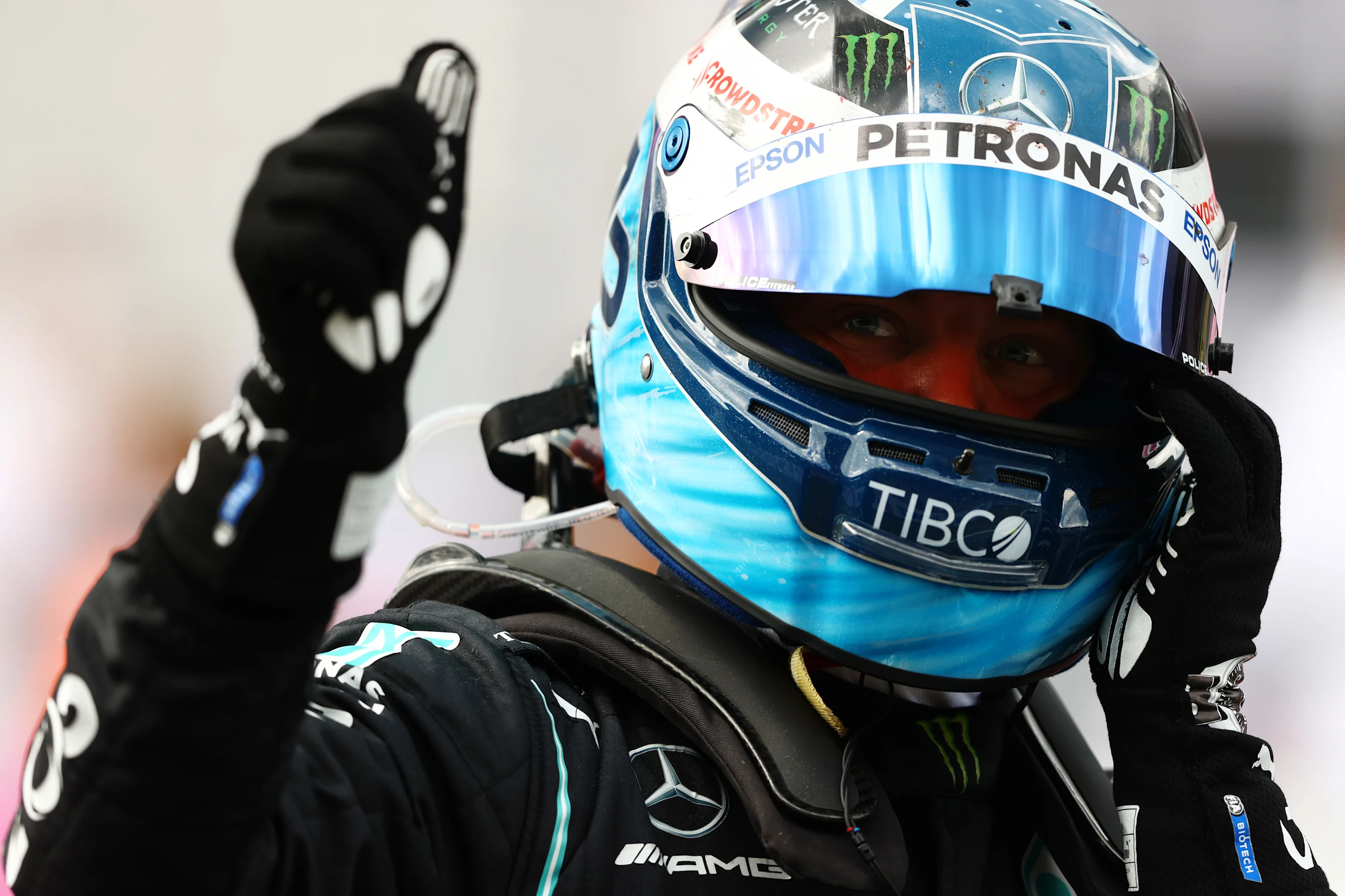 SPIELBERG, AUSTRIA - JUNE 27: Third placed Valtteri Bottas of Finland and Mercedes GP celebrates in
