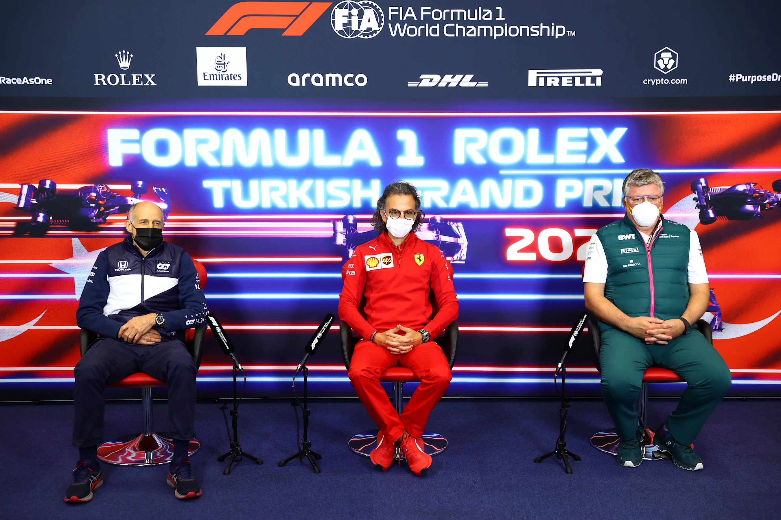 ISTANBUL, TURKEY - OCTOBER 08: Scuderia AlphaTauri Team Principal Franz Tost, Laurent Mekies,