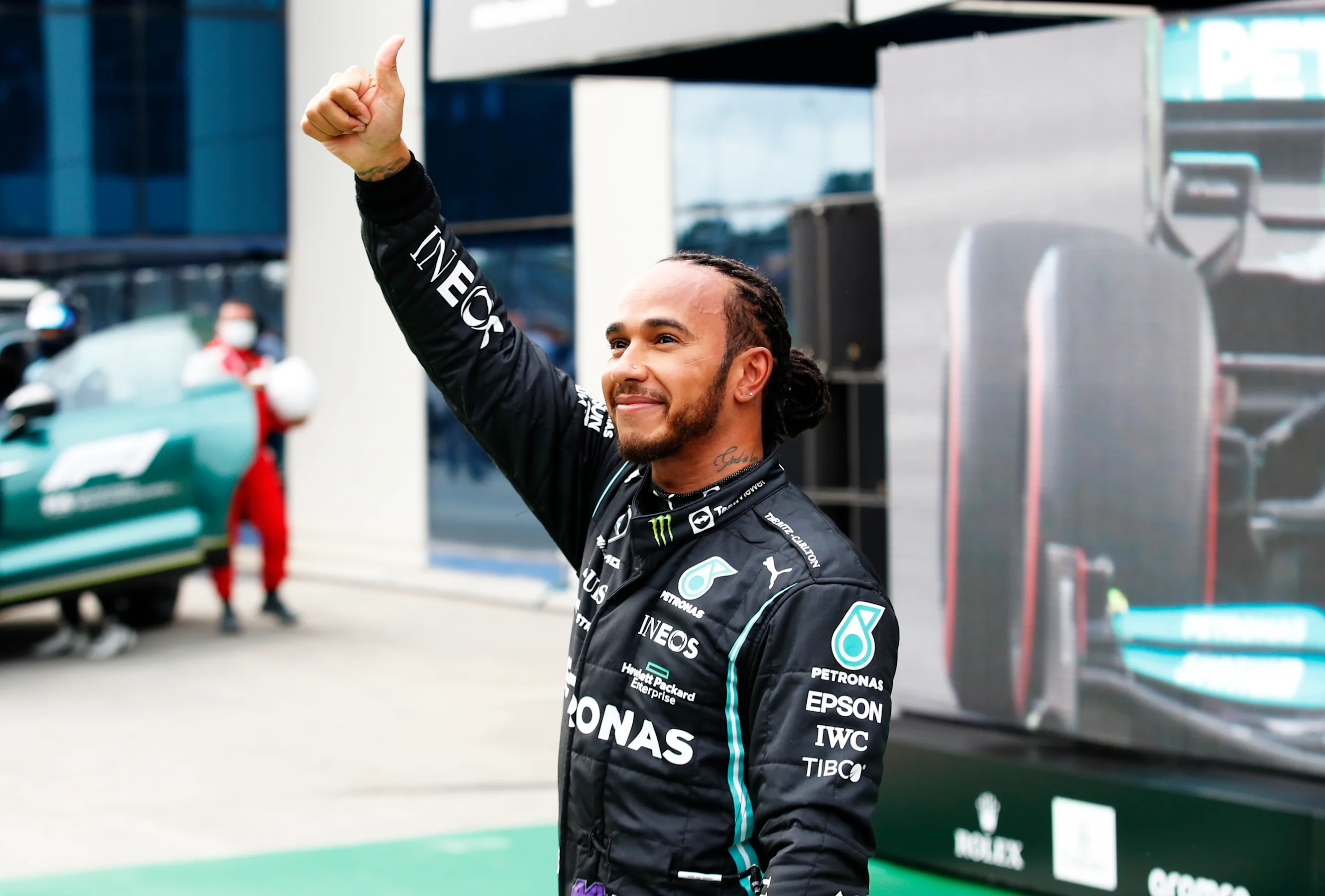 ISTANBUL, TURKEY - OCTOBER 09: Pole position qualifier Lewis Hamilton of Great Britain and Mercedes
