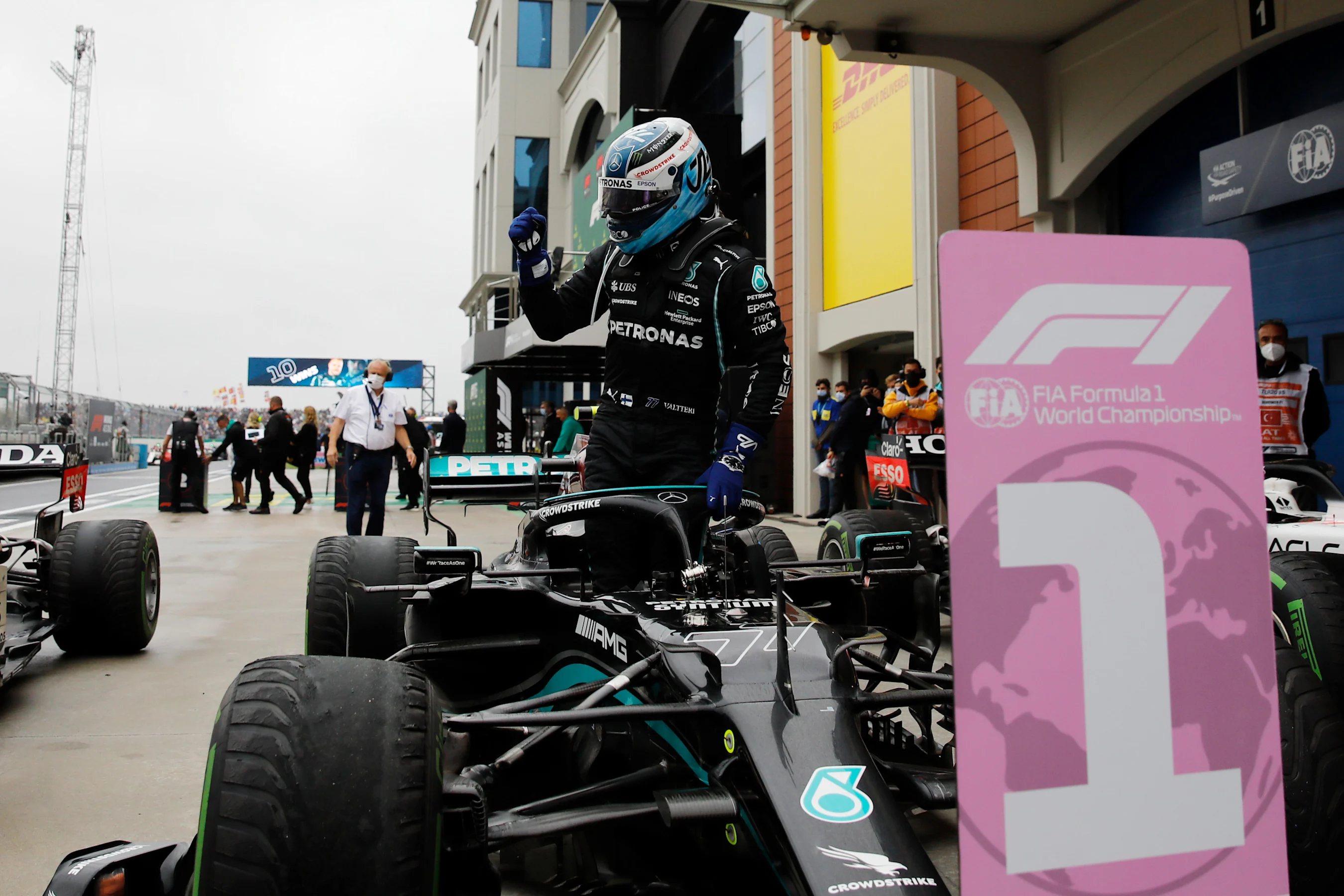 ISTANBUL, TURKEY - OCTOBER 10: Race winner Valtteri Bottas of Finland and Mercedes GP celebrates in