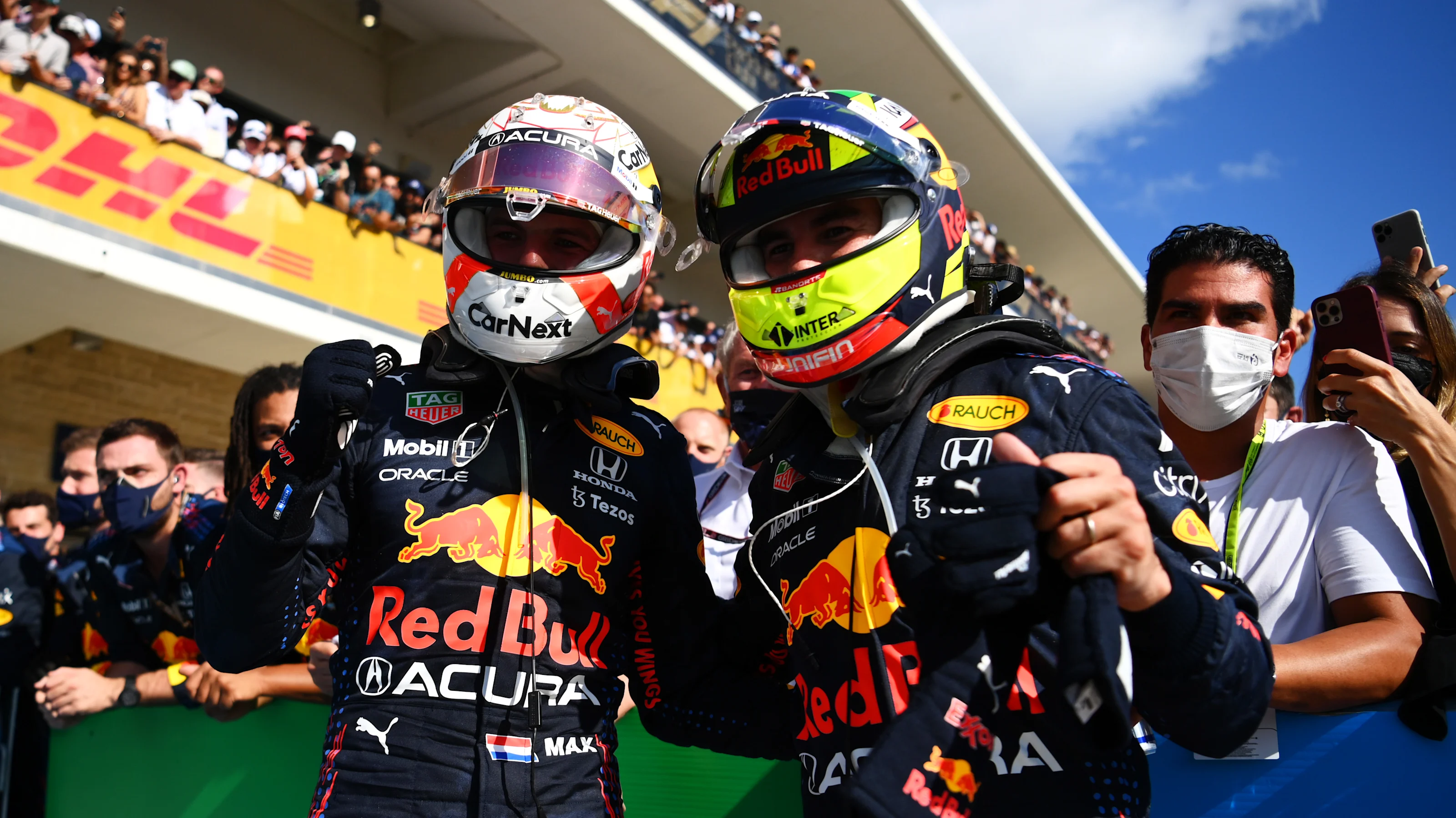AUSTIN, TEXAS - OCTOBER 24: Race winner Max Verstappen of Netherlands and Red Bull Racing and third