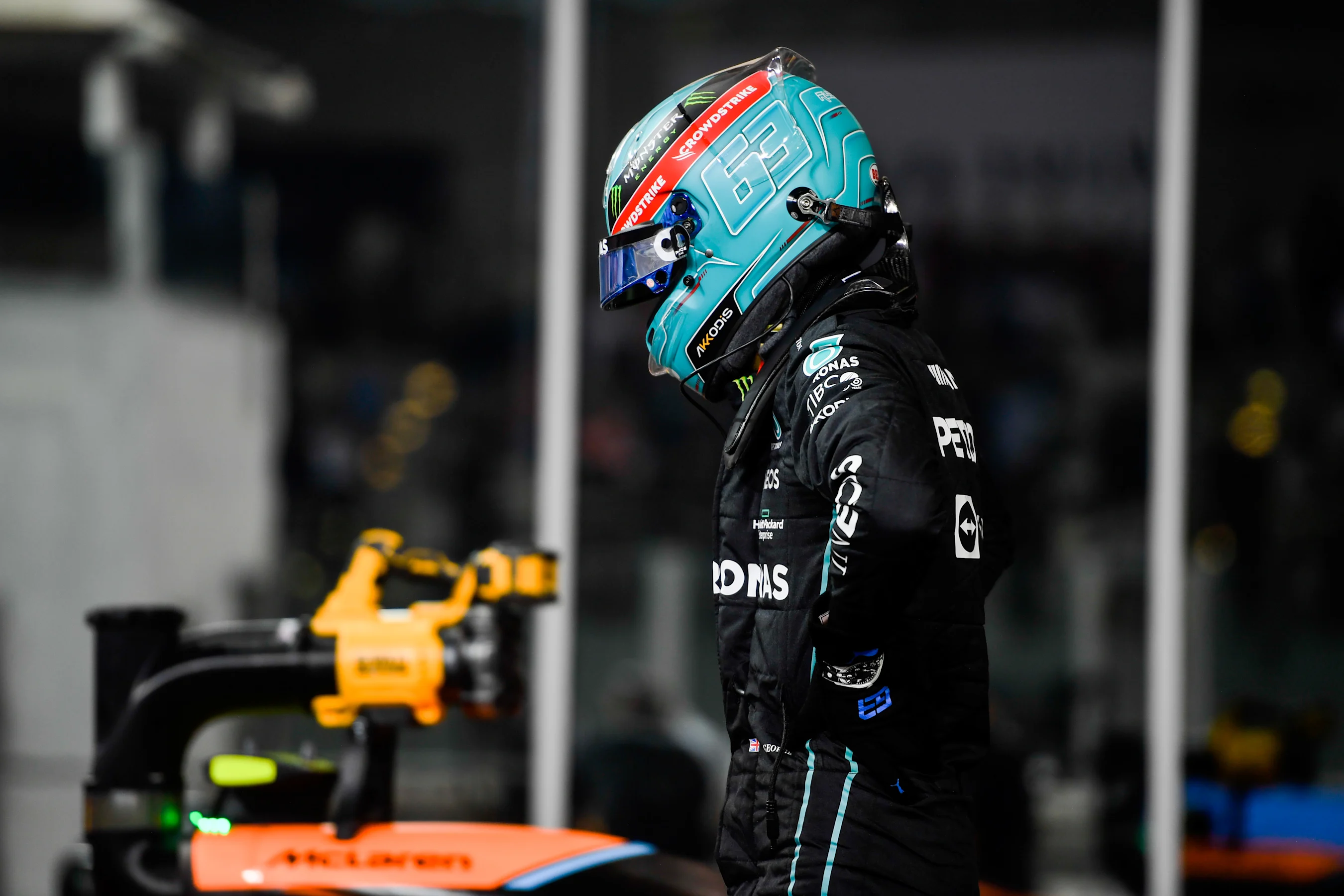 ABU DHABI, UNITED ARAB EMIRATES - NOVEMBER 19: George Russell of Great Britain and Mercedes reacts