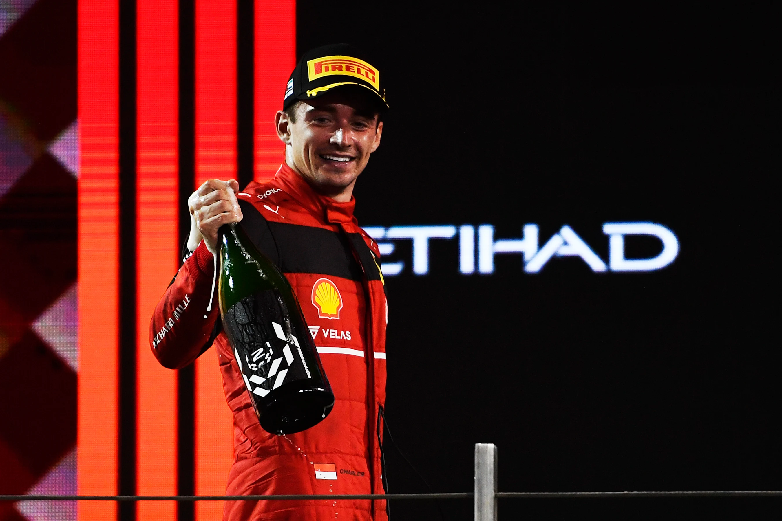 ABU DHABI, UNITED ARAB EMIRATES - NOVEMBER 20: Second placed Charles Leclerc of Monaco and Ferrari
