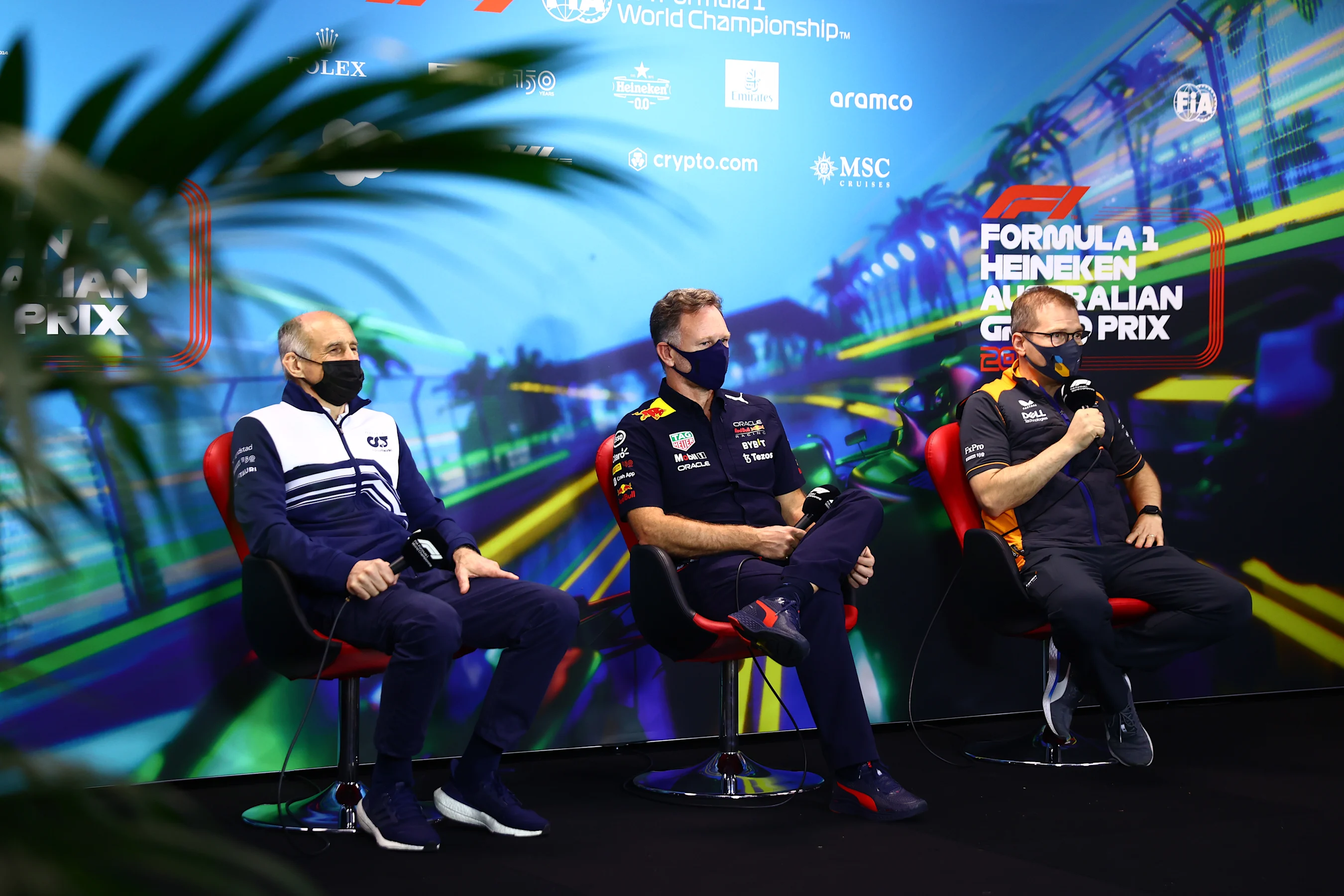 MELBOURNE, AUSTRALIA - APRIL 09: (L-R) Scuderia AlphaTauri Team Principal Franz Tost, Red Bull