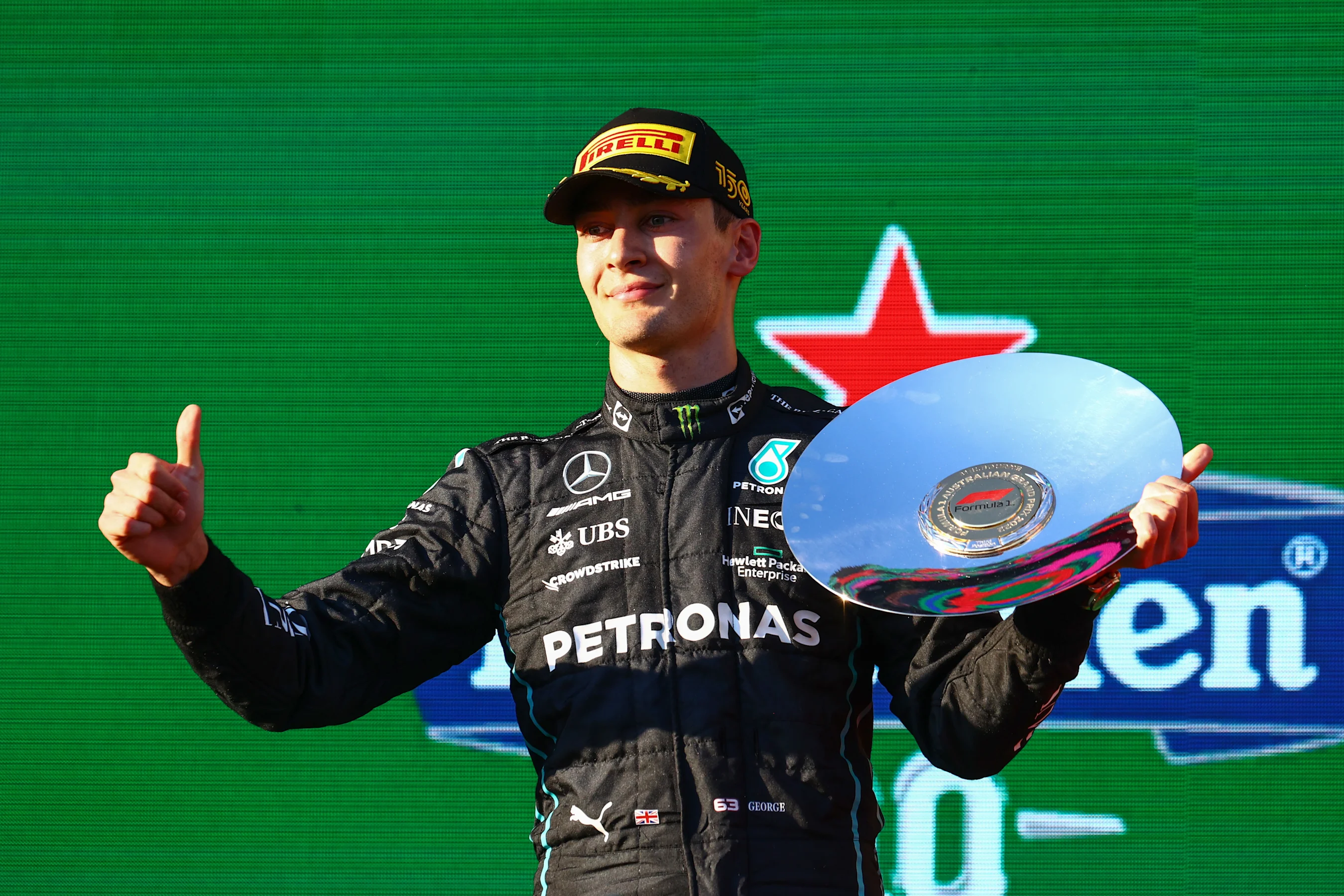 MELBOURNE, AUSTRALIA - APRIL 10: Third placed George Russell of Great Britain and Mercedes