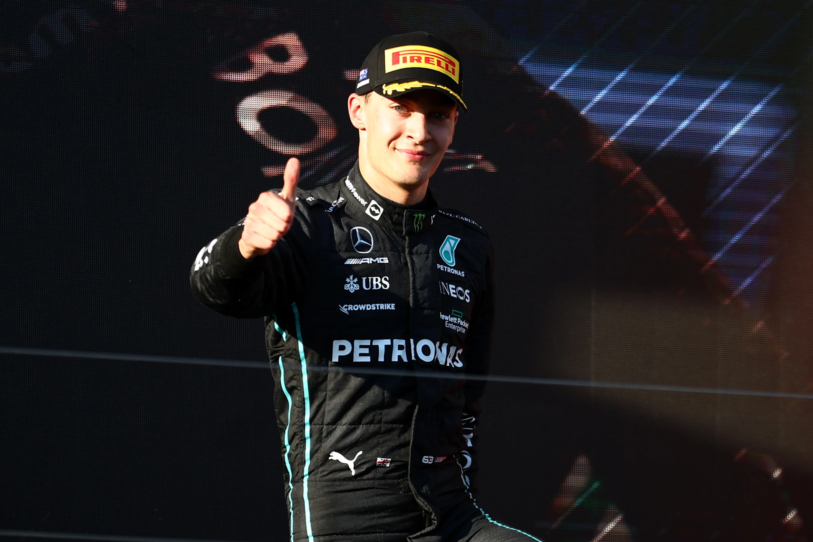 MELBOURNE, AUSTRALIA - APRIL 10: Third placed George Russell of Great Britain and Mercedes