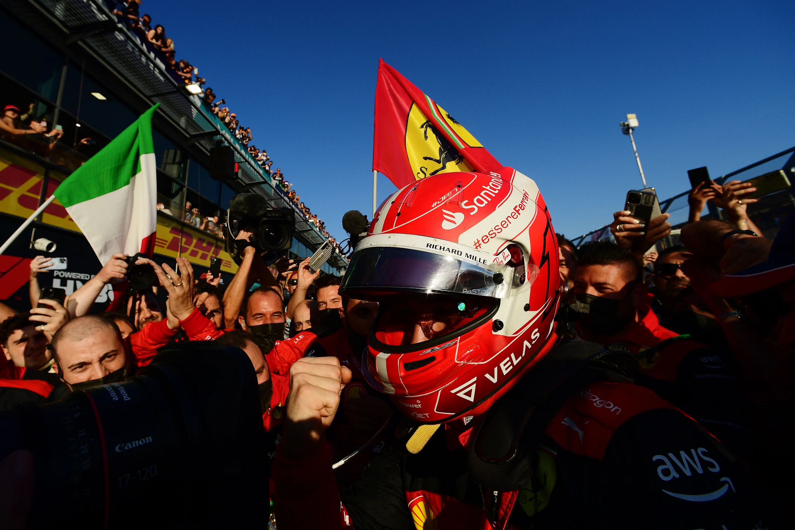MELBOURNE, AUSTRALIA - APRIL 10: Race winner Charles Leclerc of Monaco and Ferrari celebrates with
