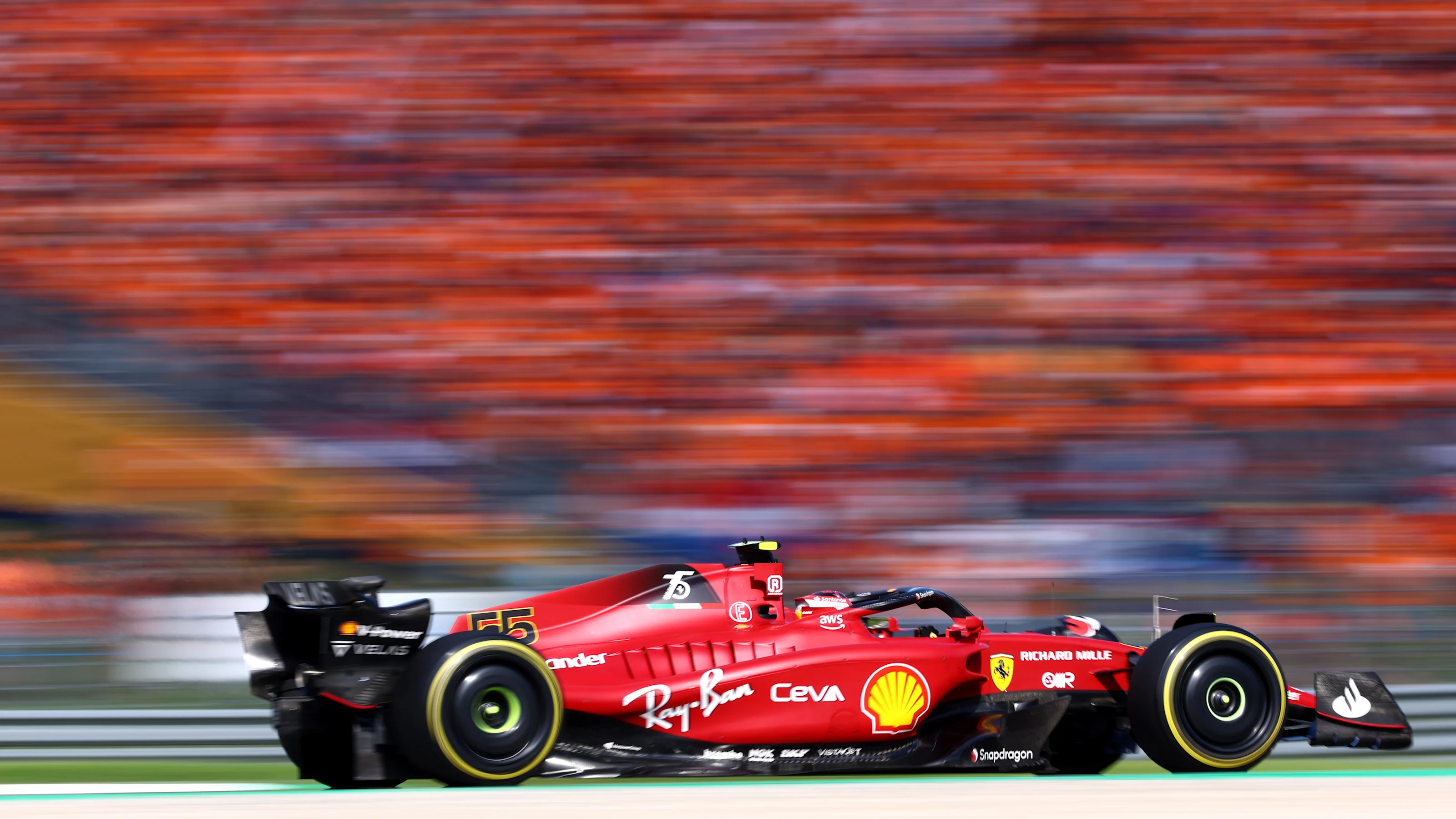 SPIELBERG, AUSTRIA - JULY 09: Carlos Sainz of Spain driving (55) the Ferrari F1-75 on track during