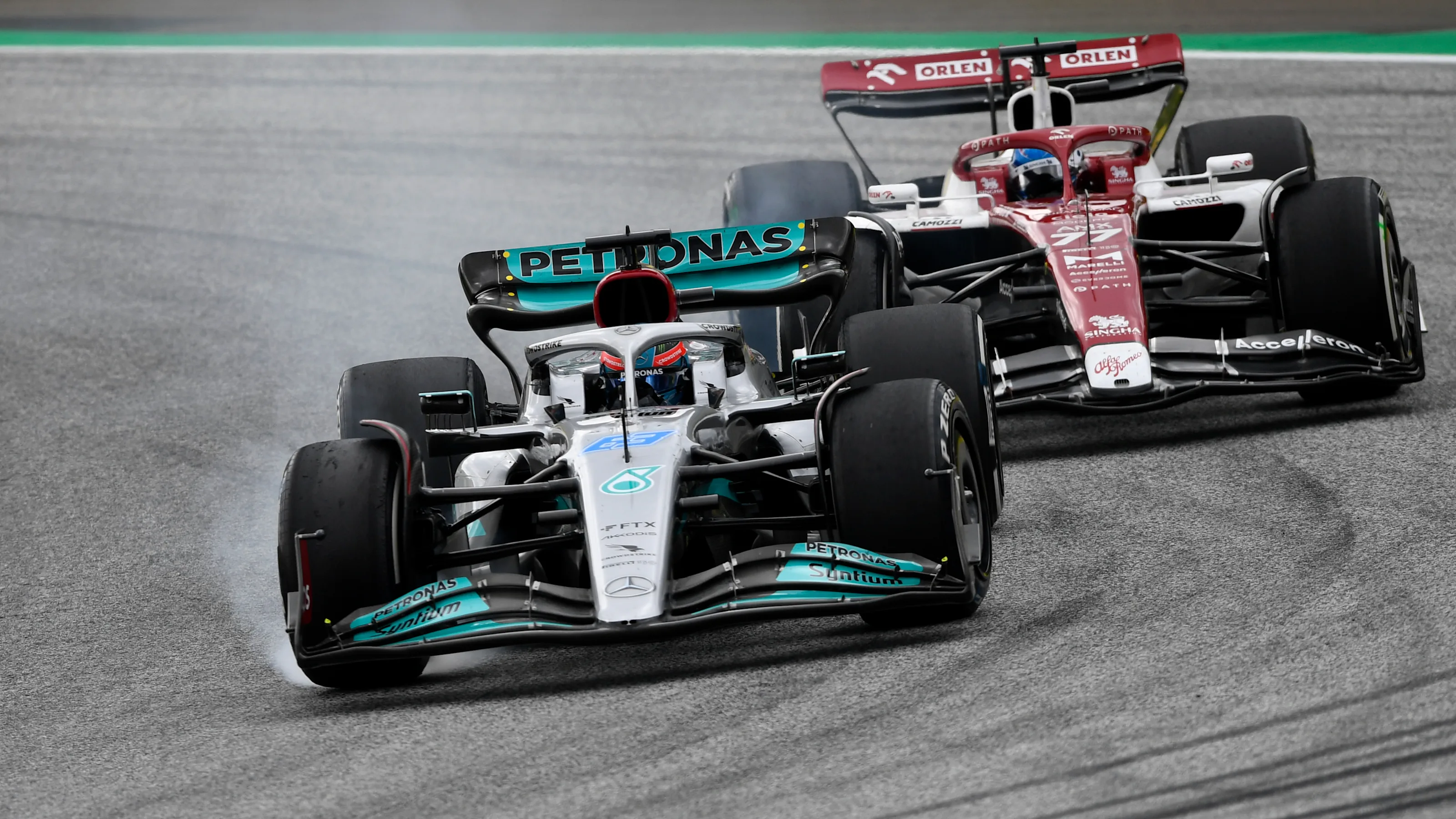 SPIELBERG, AUSTRIA - JULY 10: George Russell of Great Britain driving the (63) Mercedes AMG