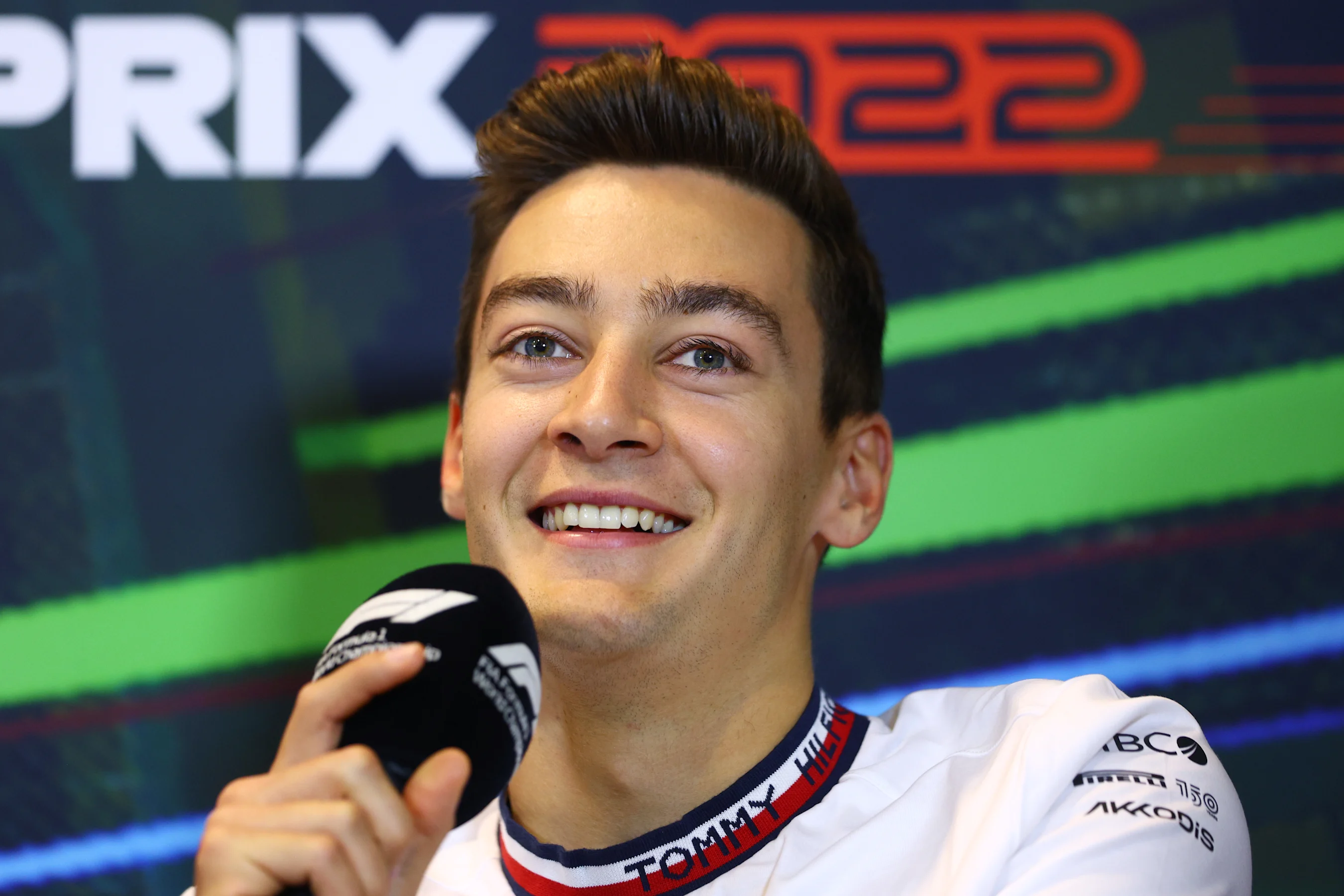 BAKU, AZERBAIJAN - JUNE 10: George Russell of Great Britain and Mercedes talks in the Drivers Press