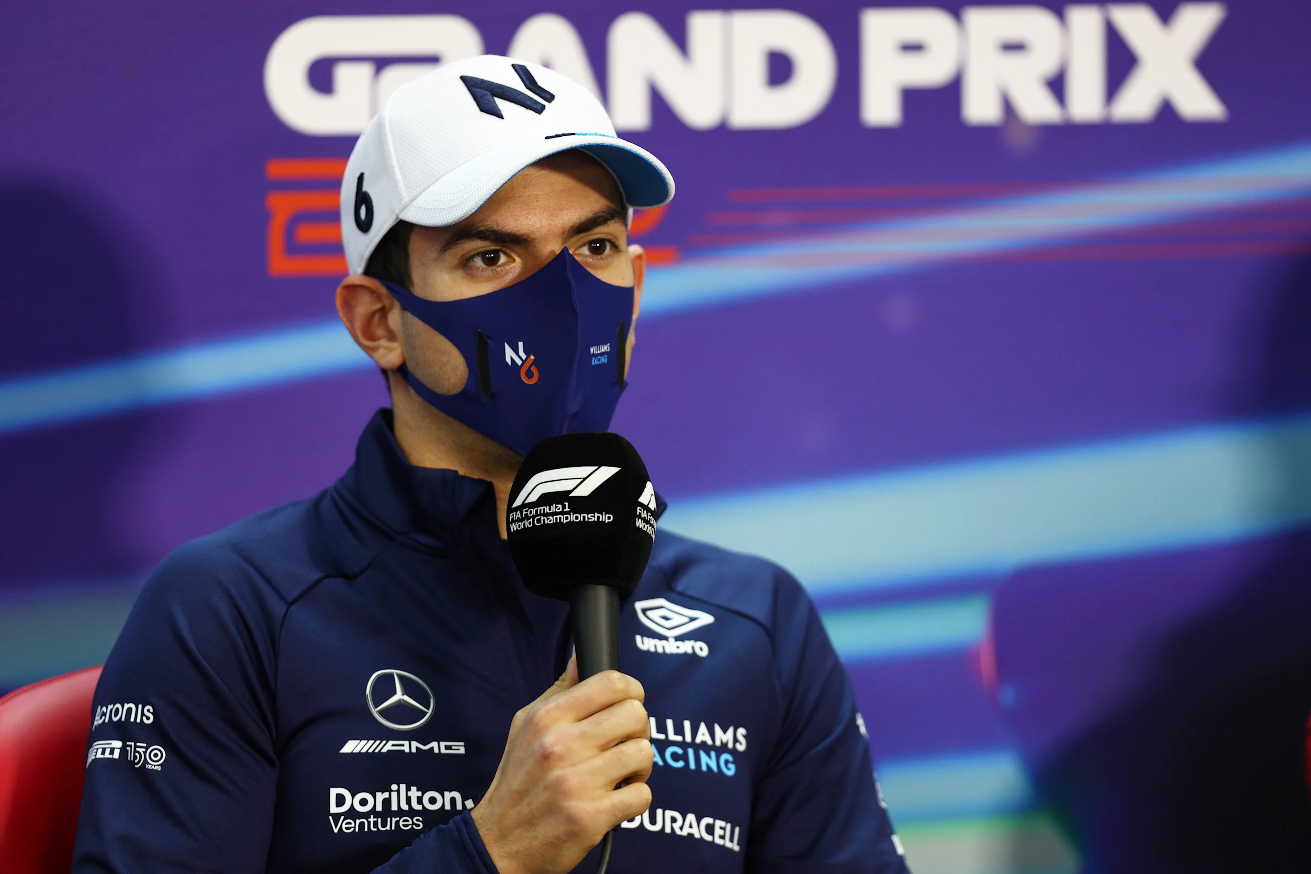BAHRAIN, BAHRAIN - MARCH 18: Nicholas Latifi of Canada and Williams talks in the Drivers Press