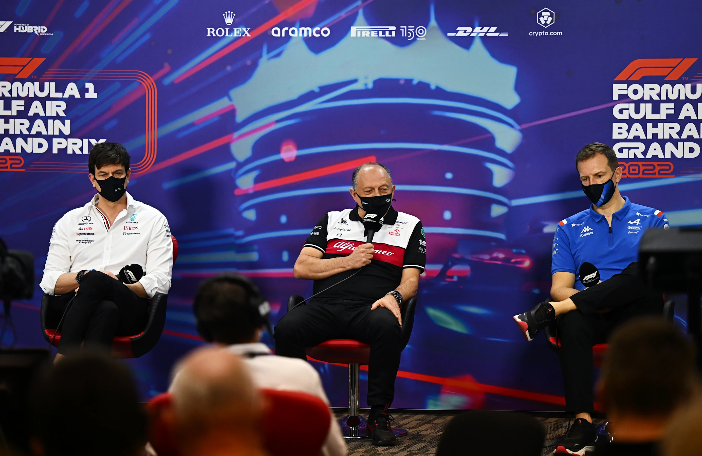 BAHRAIN, BAHRAIN - MARCH 19: (L-R) Mercedes GP Executive Director Toto Wolff, Alfa Romeo Racing