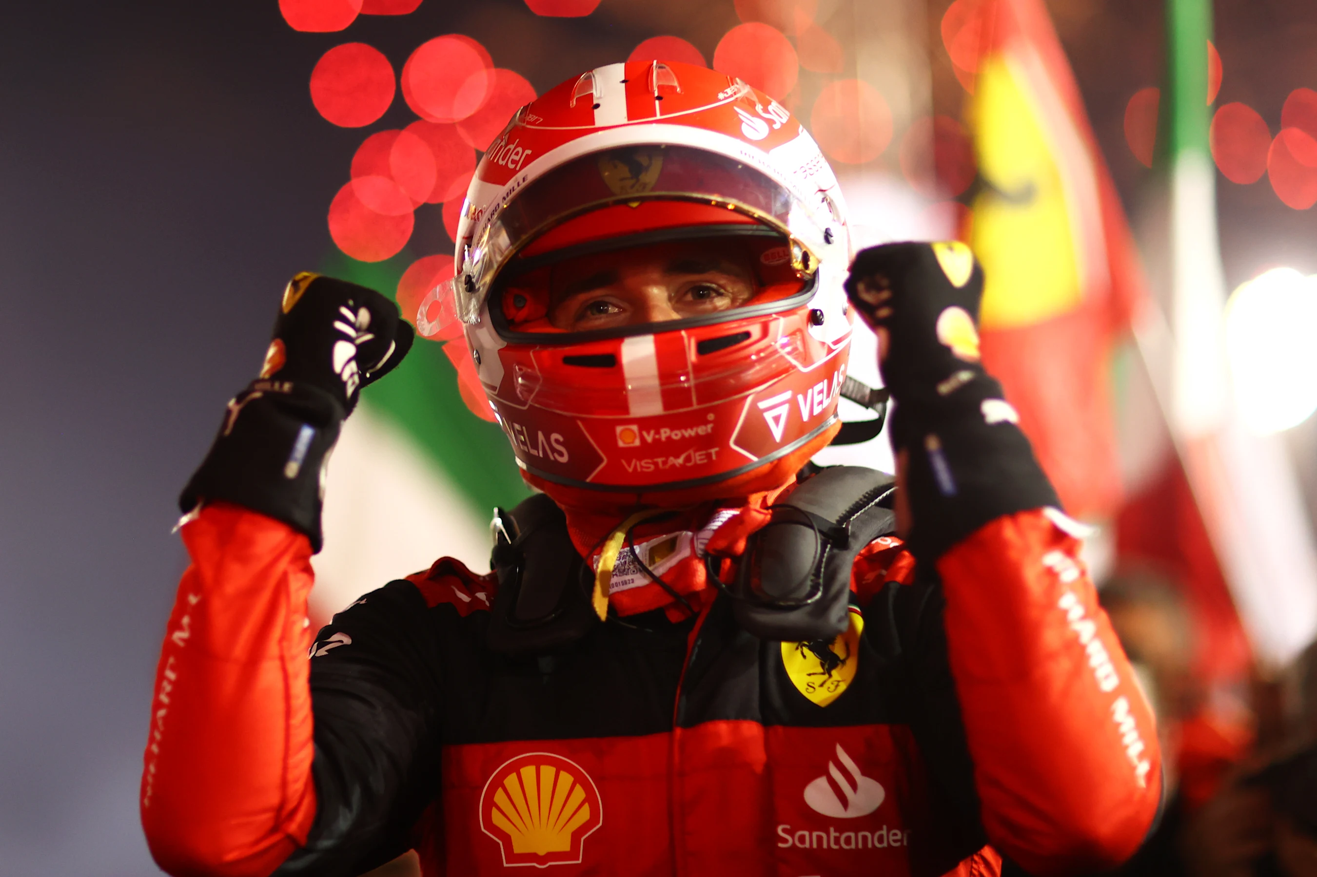 BAHRAIN, BAHRAIN - MARCH 20: Race winner Charles Leclerc of Monaco and Ferrari celebrates in parc