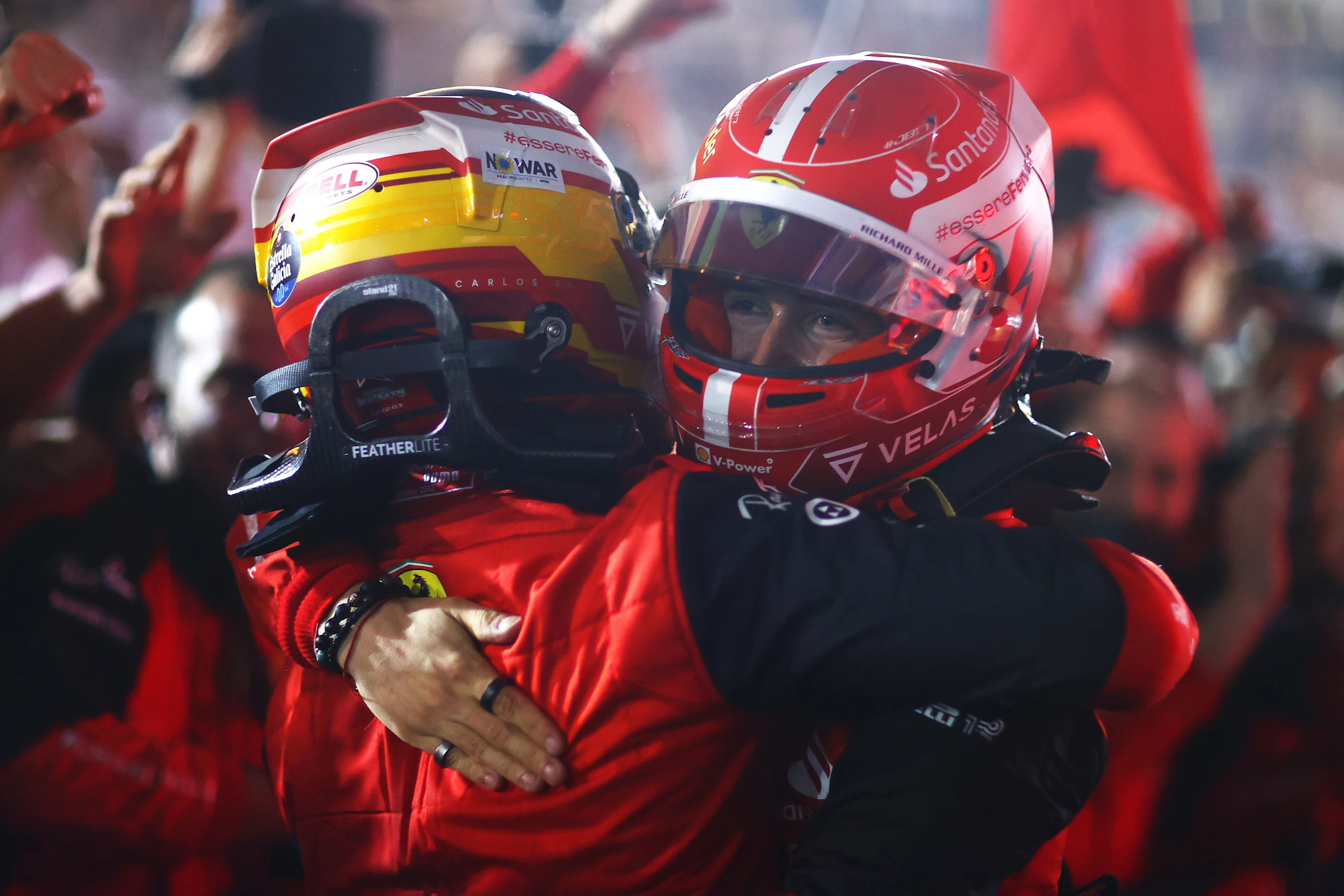 BAHRAIN, BAHRAIN - MARCH 20: Race winner Charles Leclerc of Monaco and Ferrari and Second placed