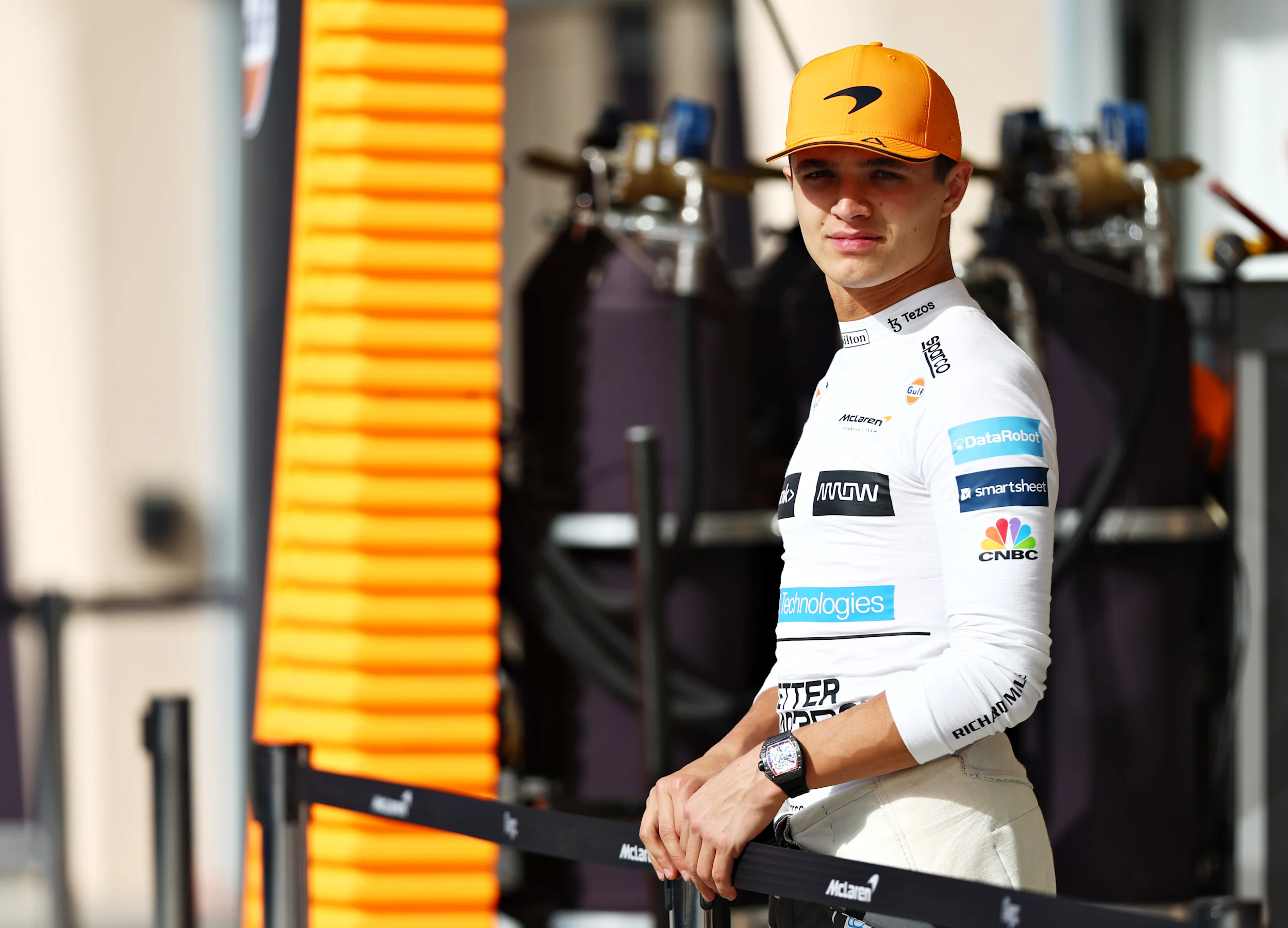 BAHRAIN, BAHRAIN - MARCH 12: Lando Norris of Great Britain and McLaren looks on in the Pitlane