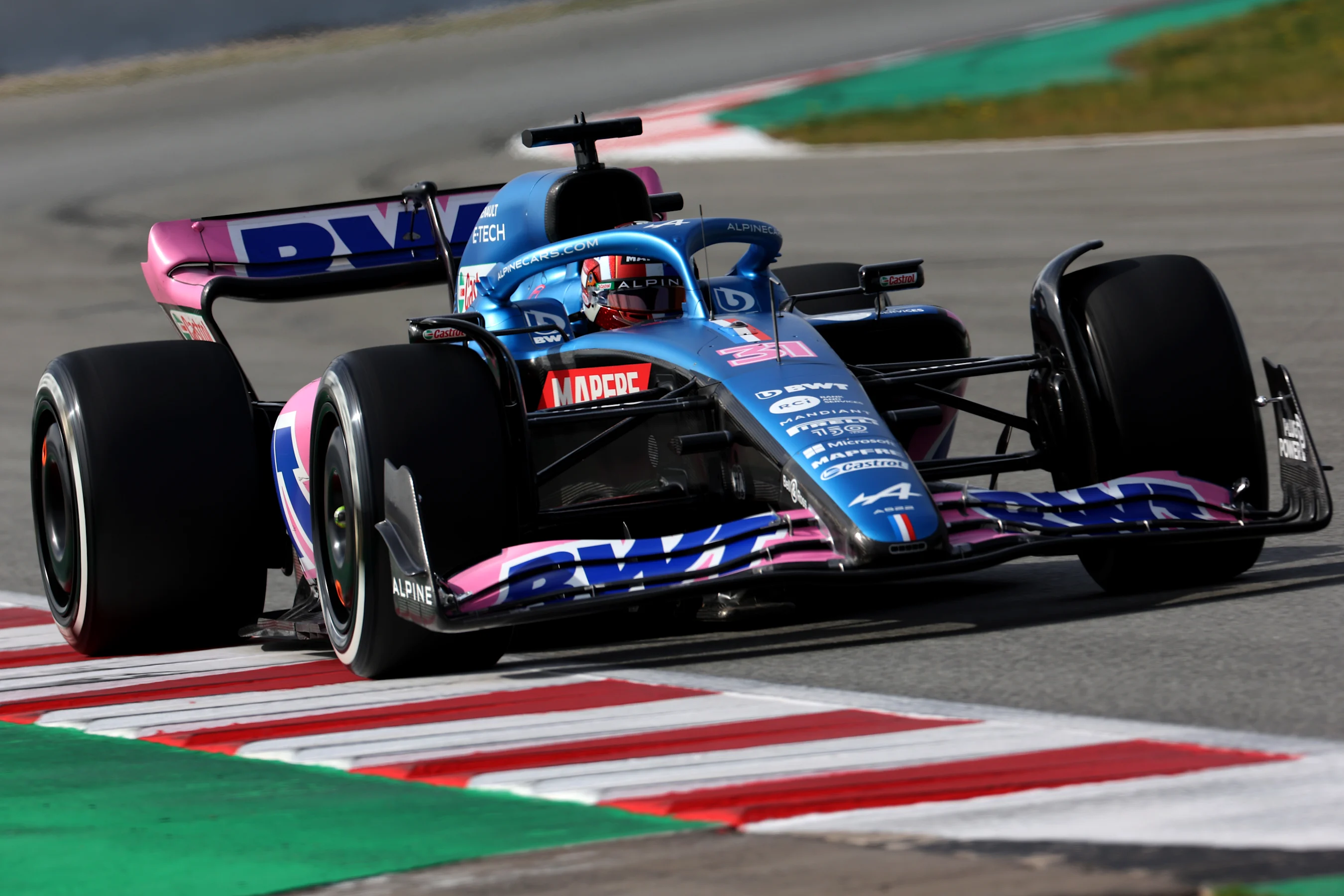 BARCELONA, SPAIN - FEBRUARY 24: Esteban Ocon of France driving the (31) Alpine F1 A522 Renault