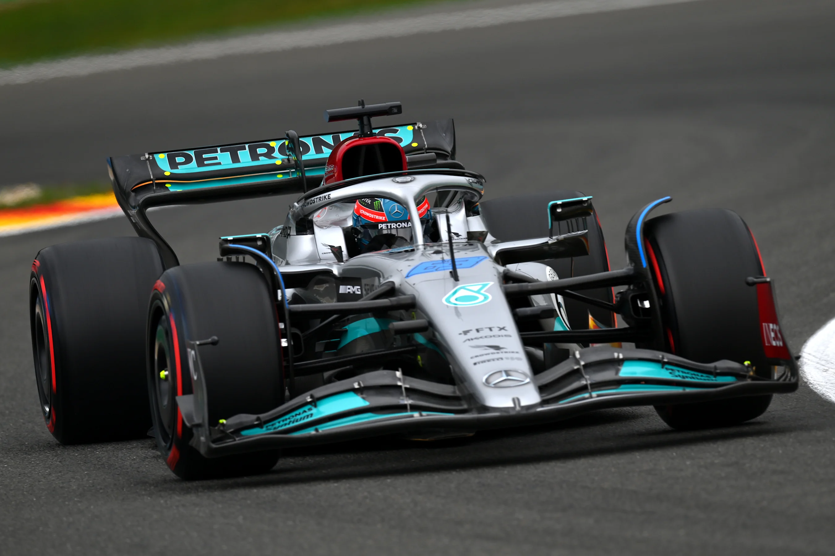 SPA, BELGIUM - AUGUST 26: George Russell of Great Britain driving the (63) Mercedes AMG Petronas F1